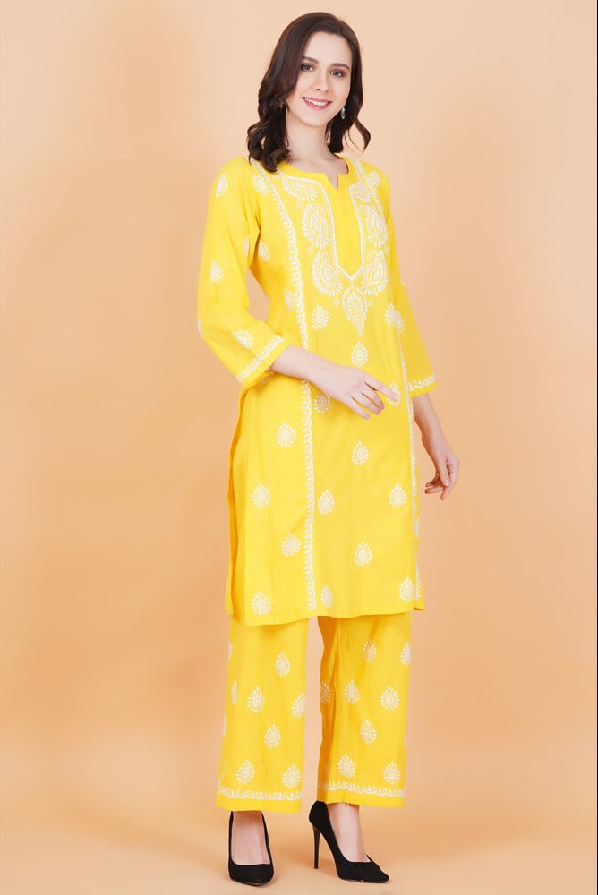 Women's Slub Cotton Mustard Color Chikankari Co-Ord Set