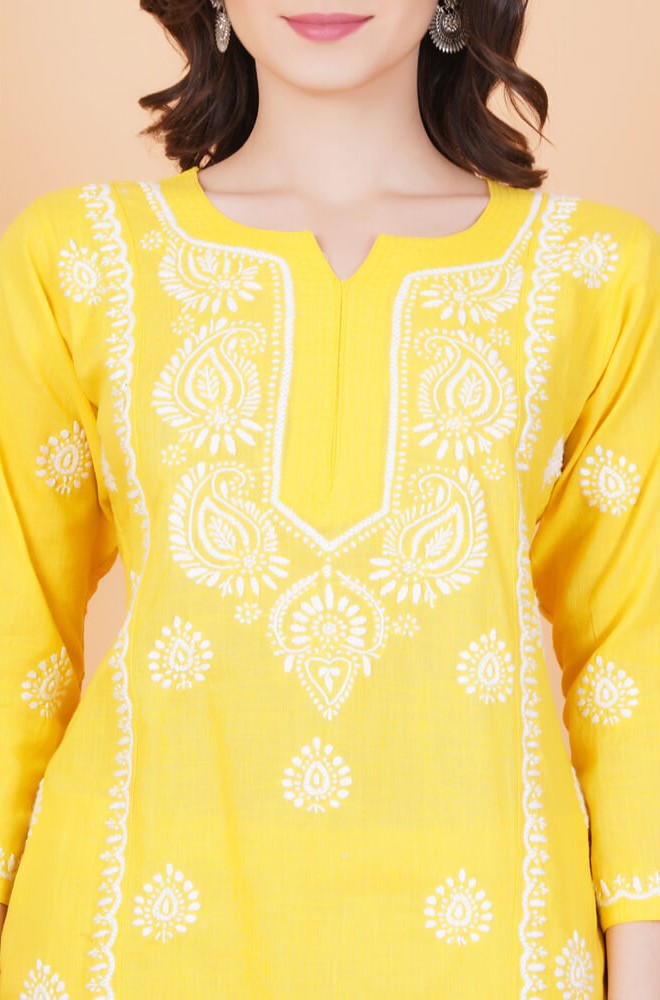 Women's Slub Cotton Mustard Color Chikankari Co-Ord Set