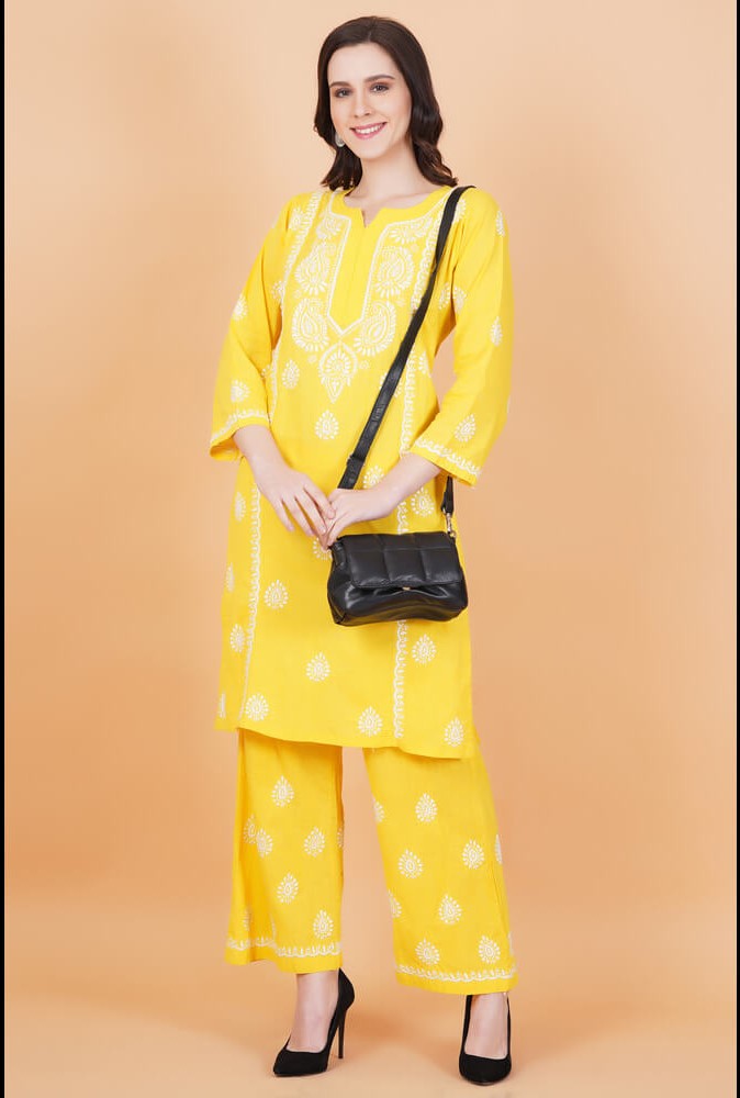 Women's Slub Cotton Mustard Color Chikankari Co-Ord Set