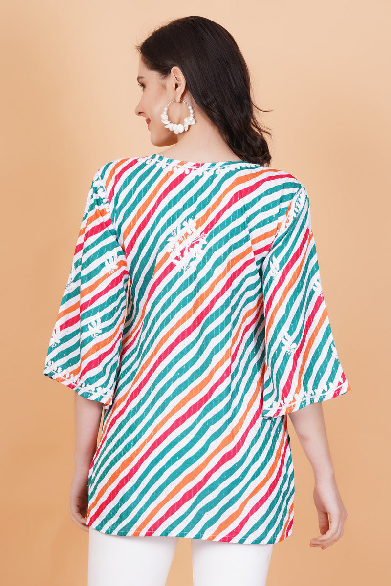 Women's Cotton Leheriya Print Chikankari Kurti