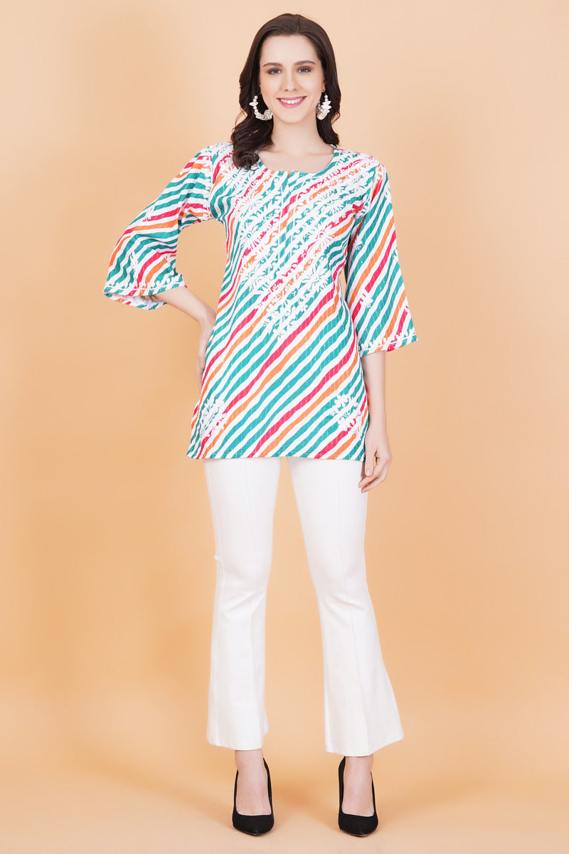 Women's Cotton Leheriya Print Chikankari Kurti