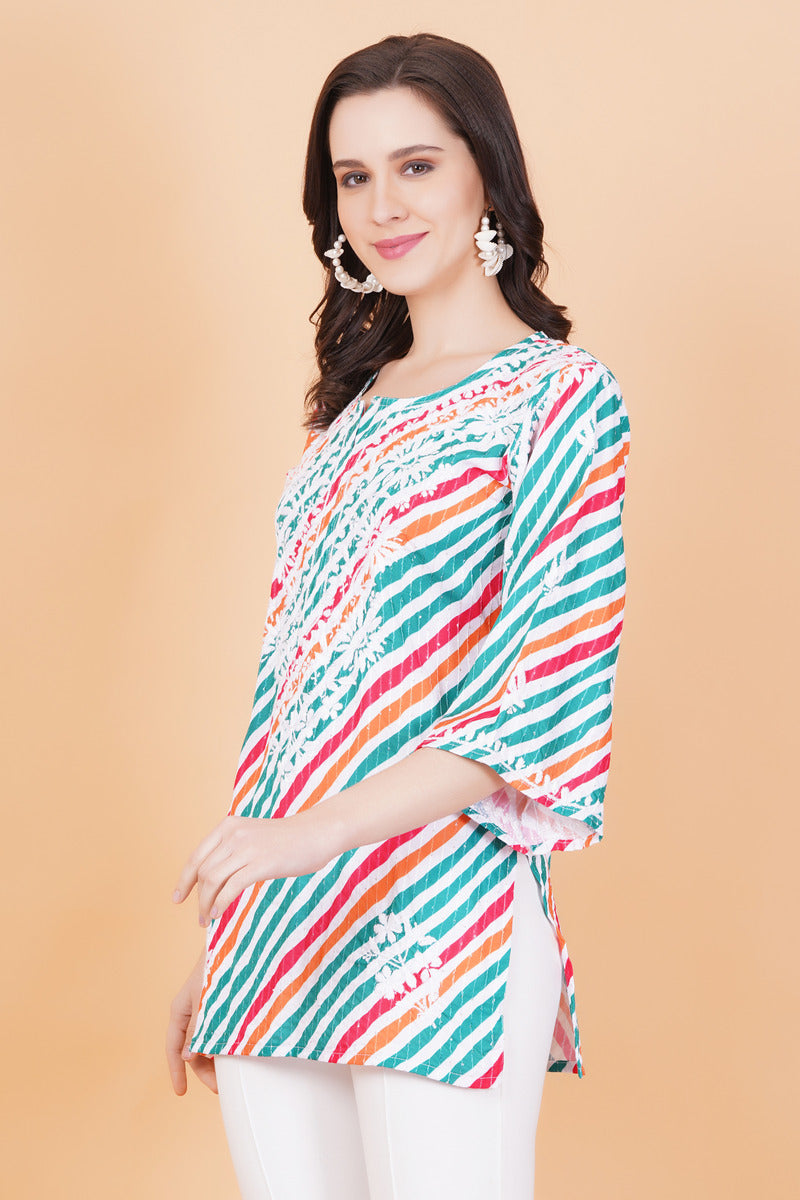 Women's Cotton Leheriya Print Chikankari Kurti
