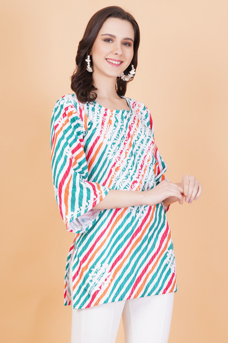 Women's Cotton Leheriya Print Chikankari Kurti