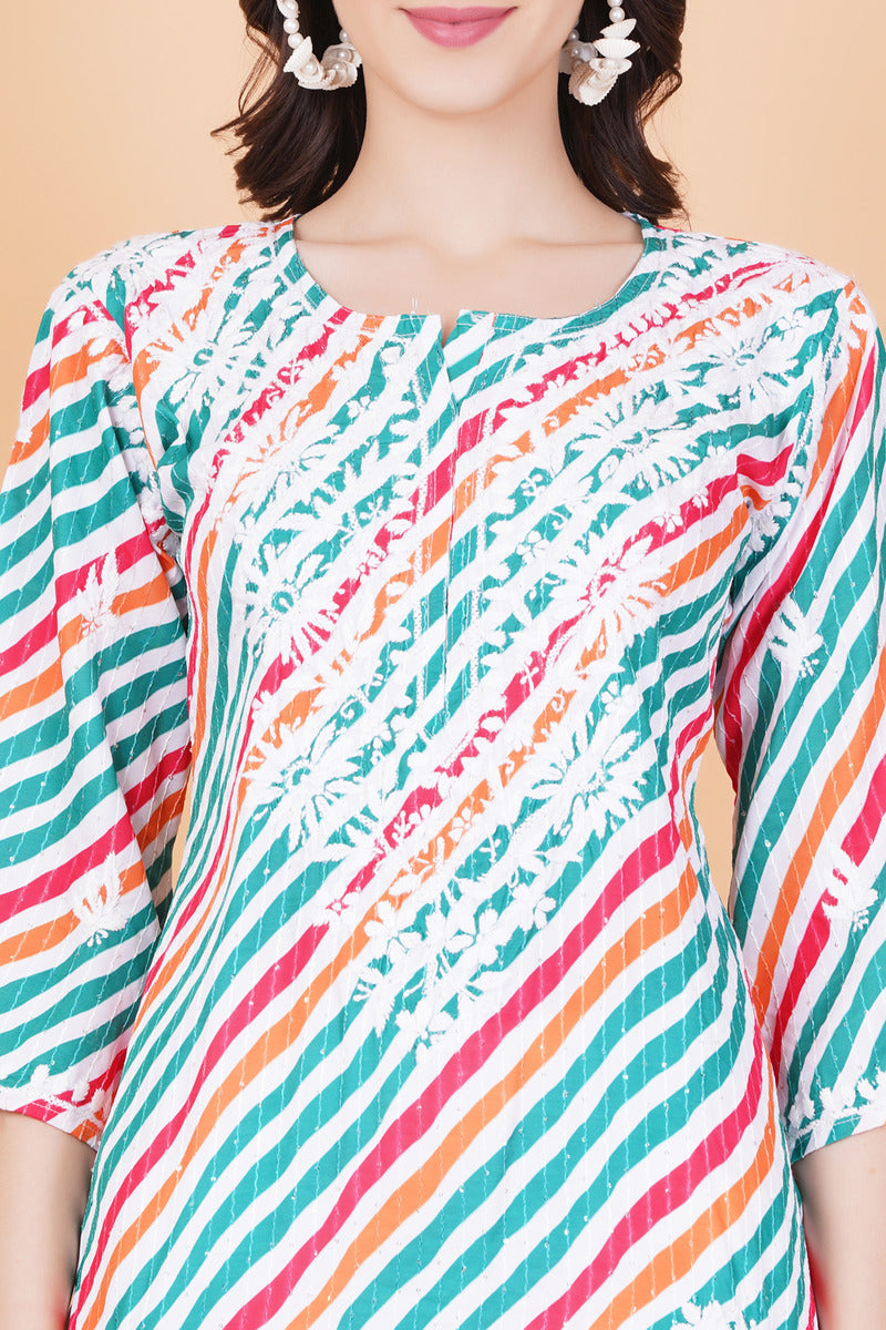 Women's Cotton Leheriya Print Chikankari Kurti