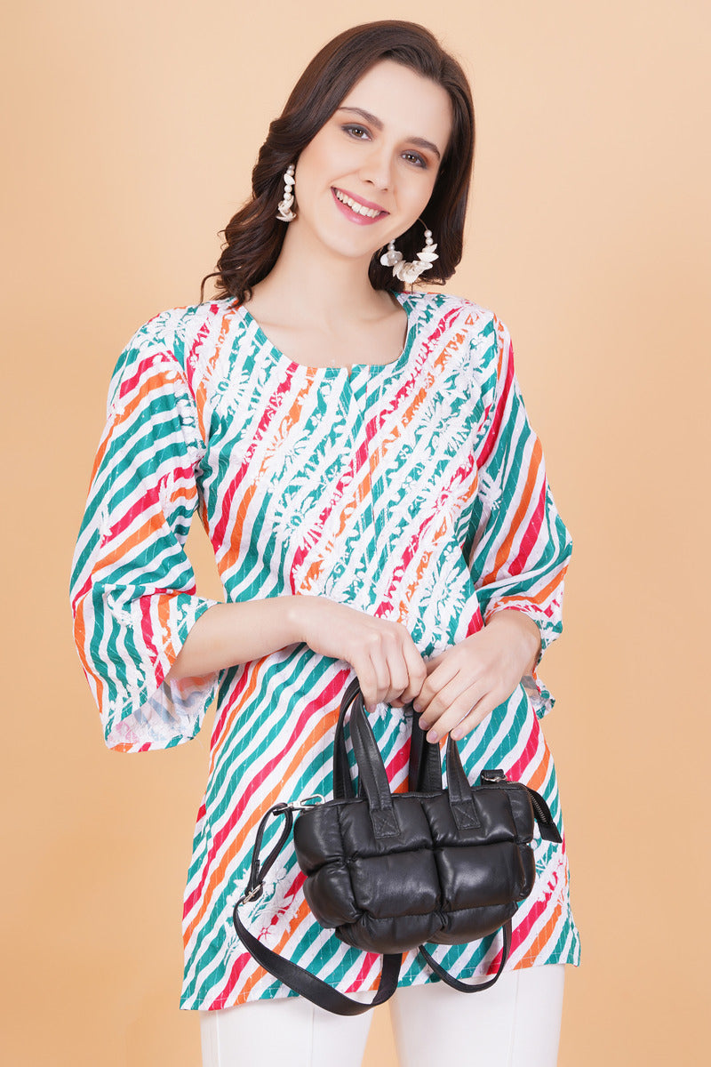 Women's Cotton Leheriya Print Chikankari Kurti