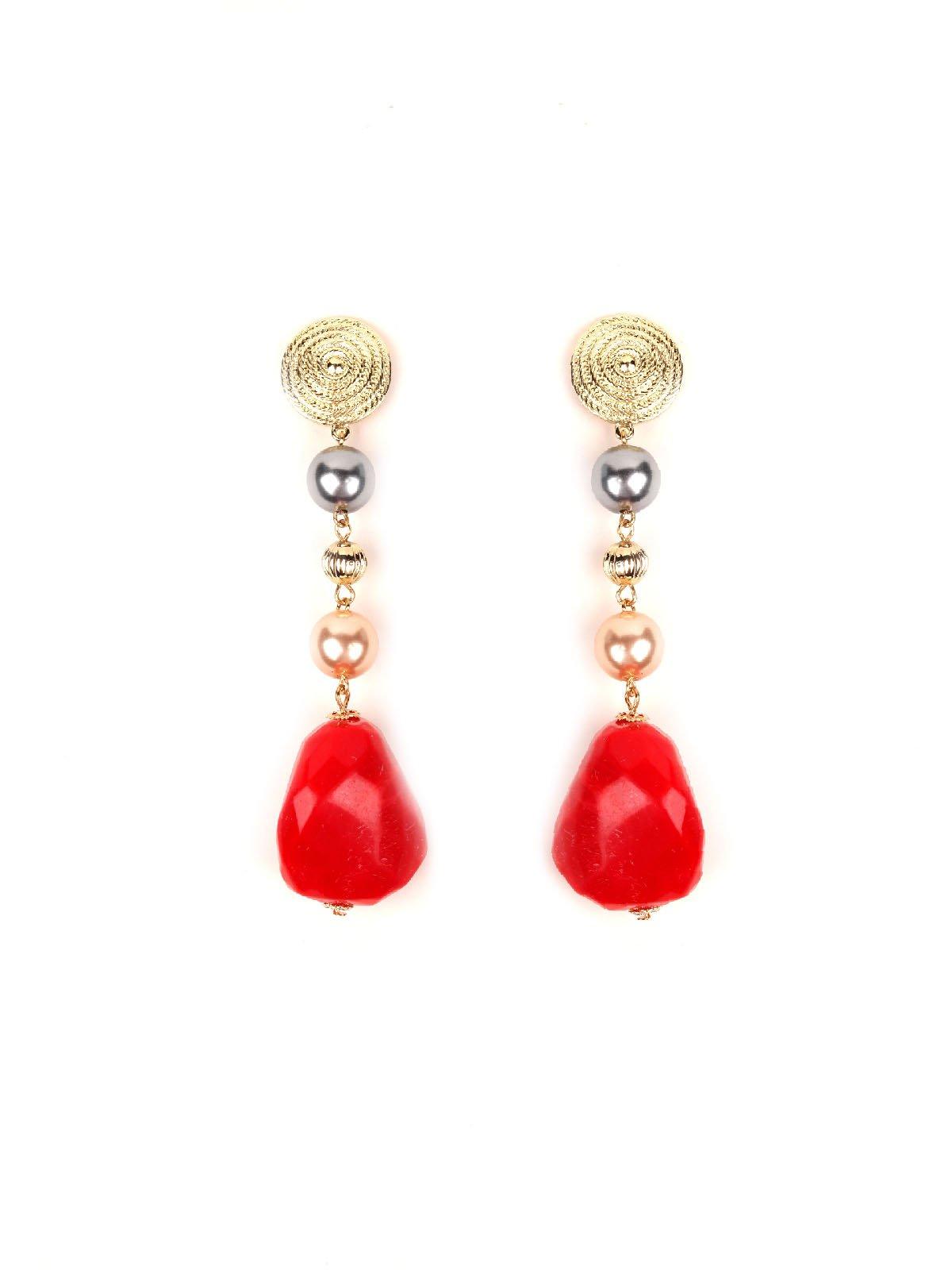 Women's Red And Gold Hue Beaded Drop Long Earring