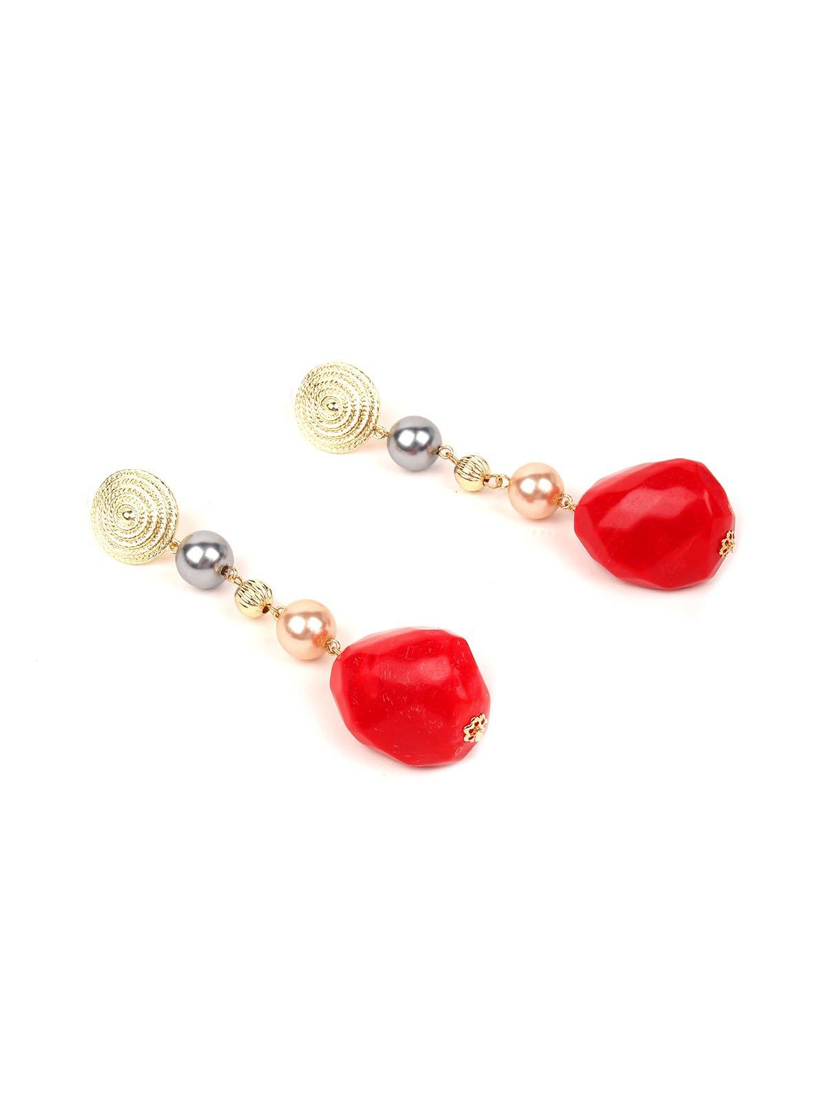 Women's Red And Gold Hue Beaded Drop Long Earring
