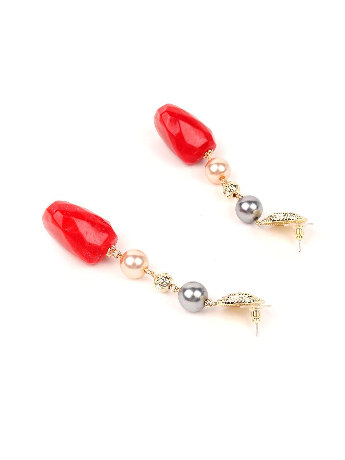 Women's Red And Gold Hue Beaded Drop Long Earring