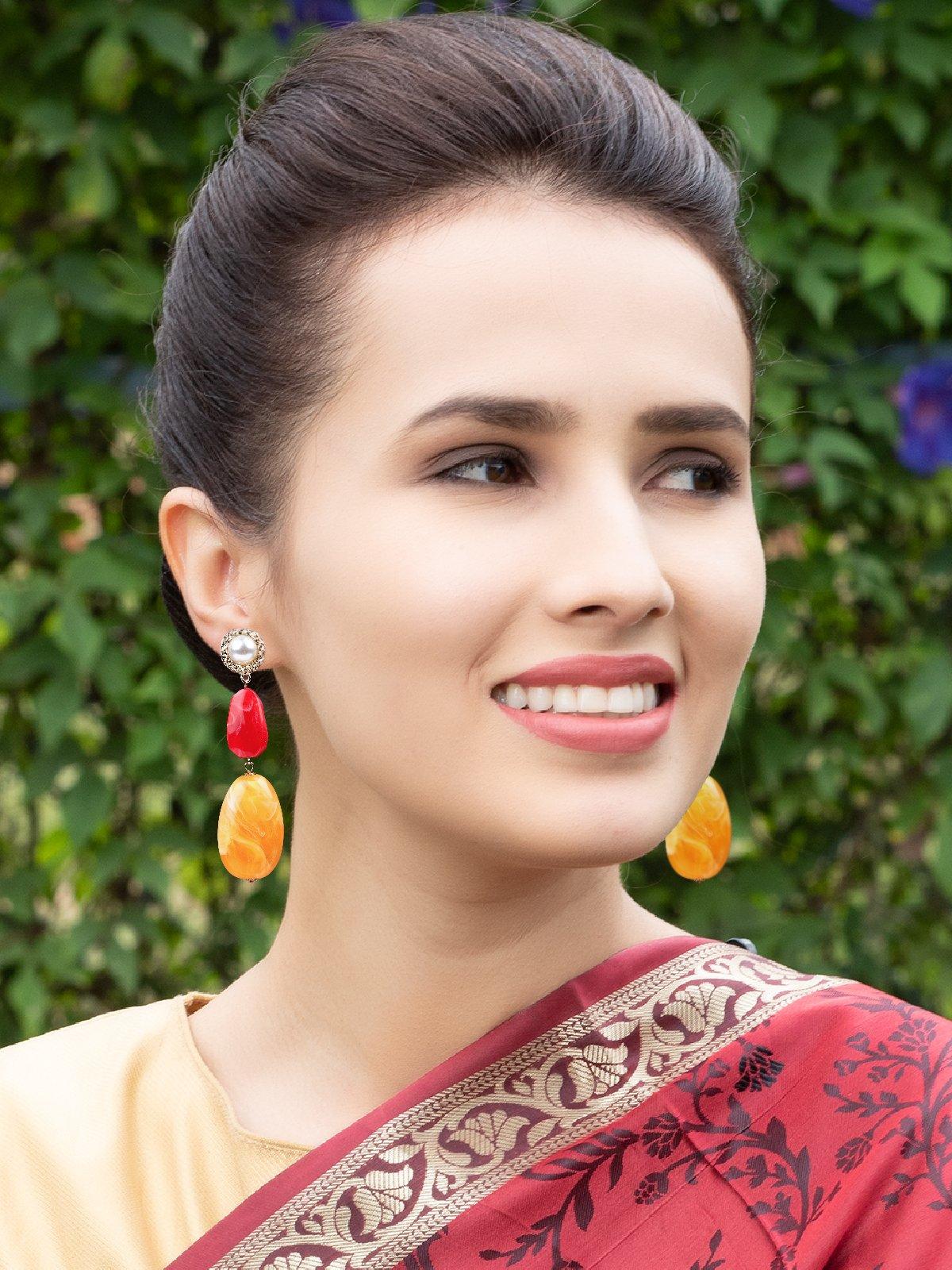 Women's Red And Orange Stone Delicate Drop Earring