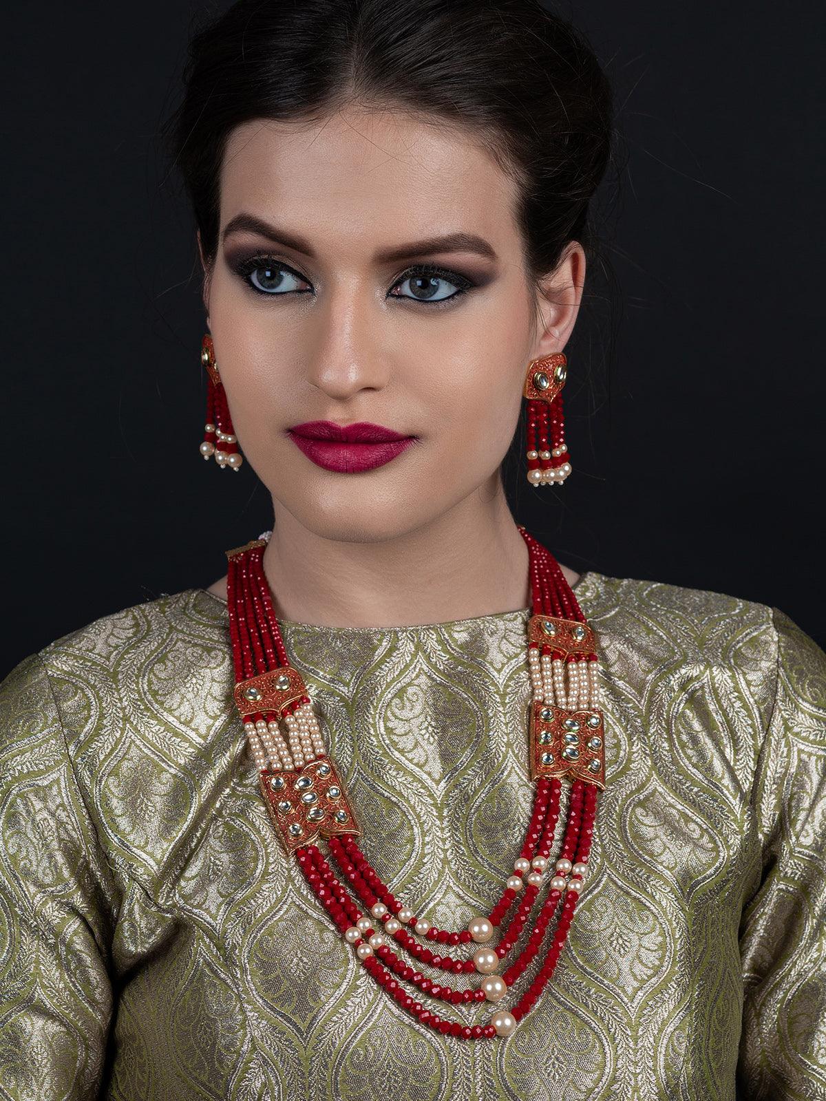 Women's Red And Typical Pearl Necklace With Earring