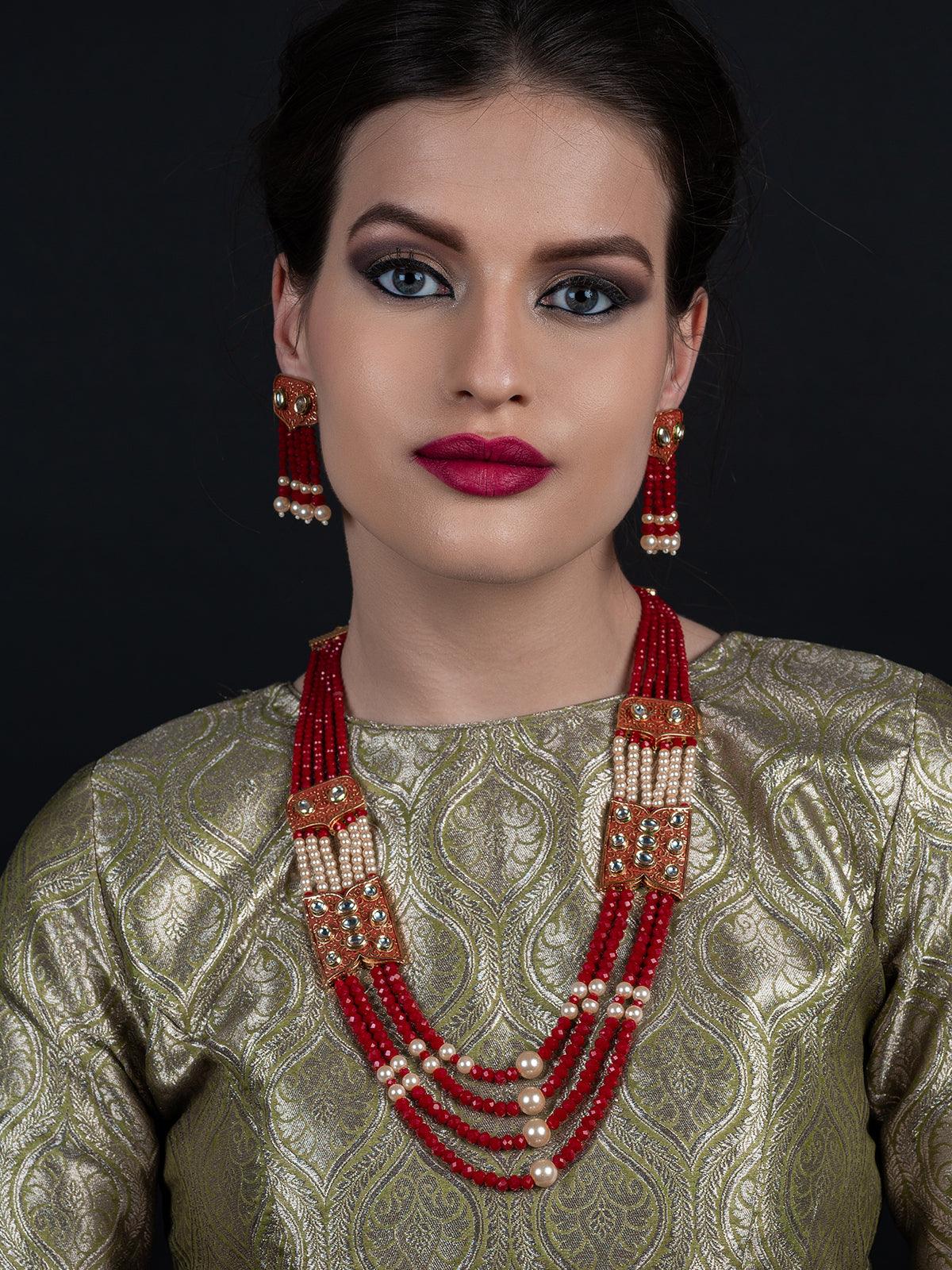 Women's Red And Typical Pearl Necklace With Earring