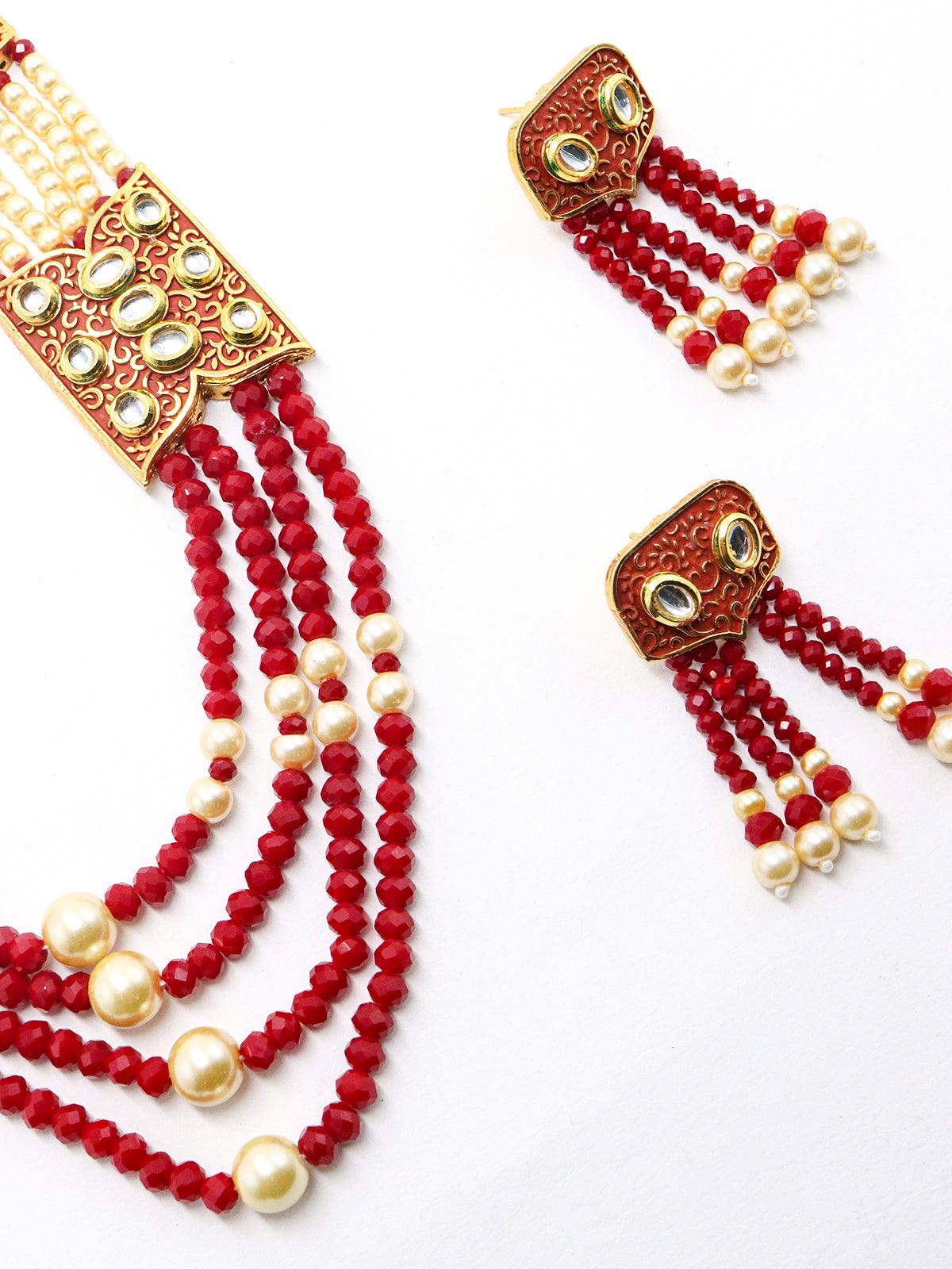 Women's Red And Typical Pearl Necklace With Earring