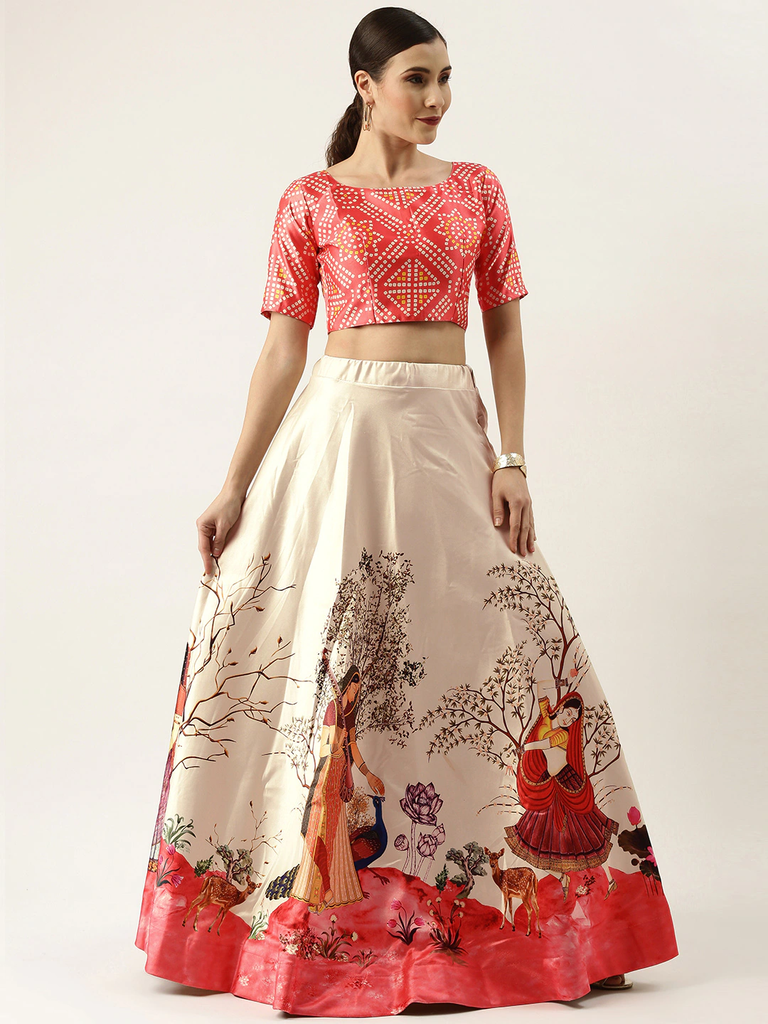 Women's Ethnic Motifs Digital Print Shiney Satin Croptop Lehenga Choli With Unstitched Blouse