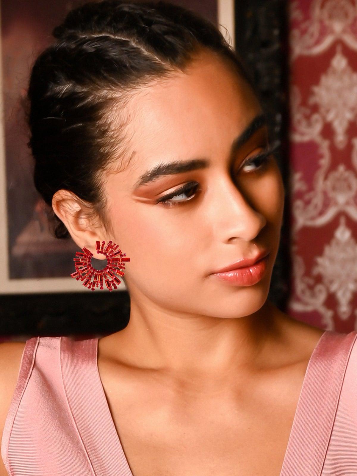 Women's Red Rounded Crystal Statement Earring