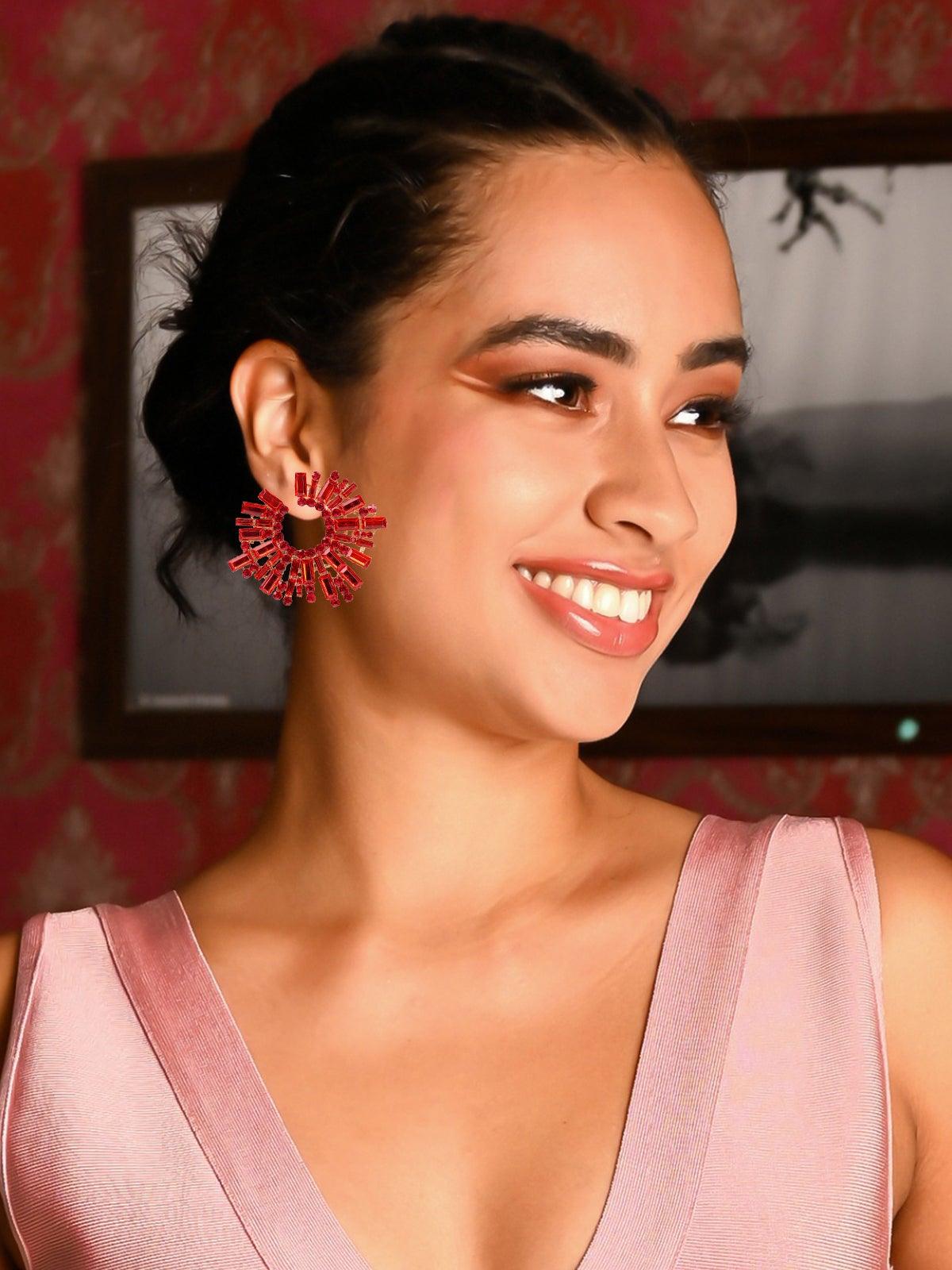 Women's Red Rounded Crystal Statement Earring