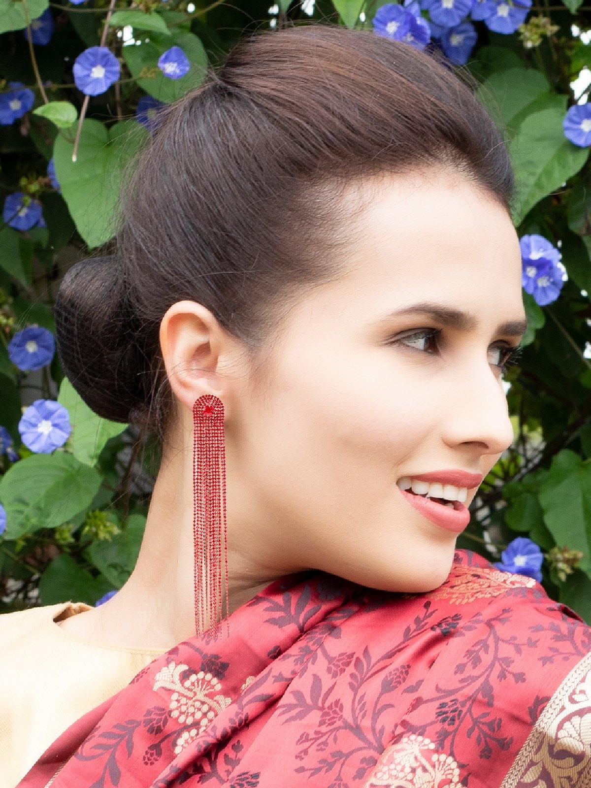 Women's Red Straight Crystal-Embellished Drop Tassel Earring