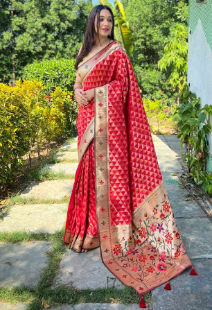 Women's Red Banarasi Paithani Silk Woven Saree - TASARIKA