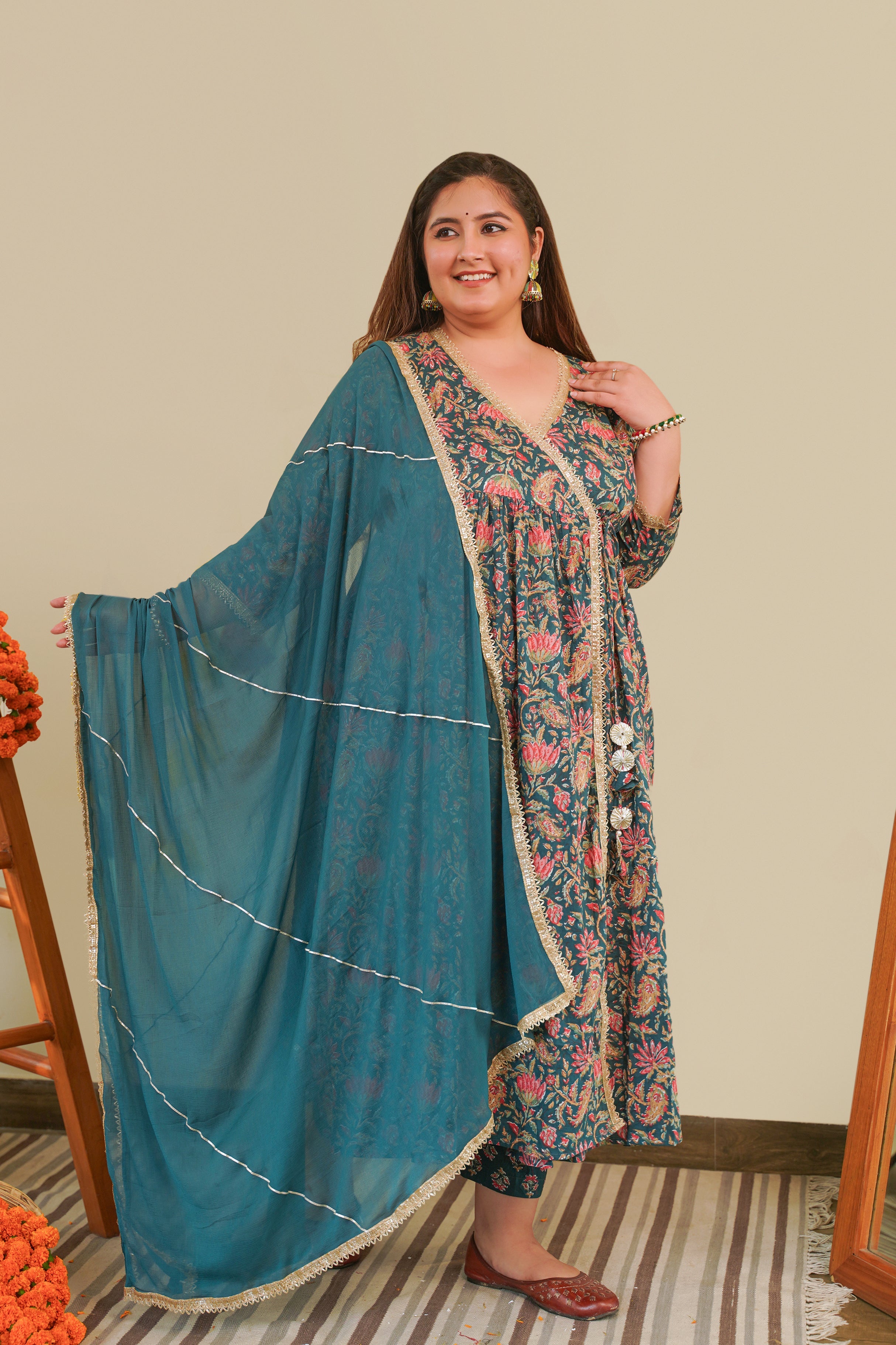 Women's Bottle Green Cotton Printed Angrakha Set (Set Of 3) - Nangalia Ruchira