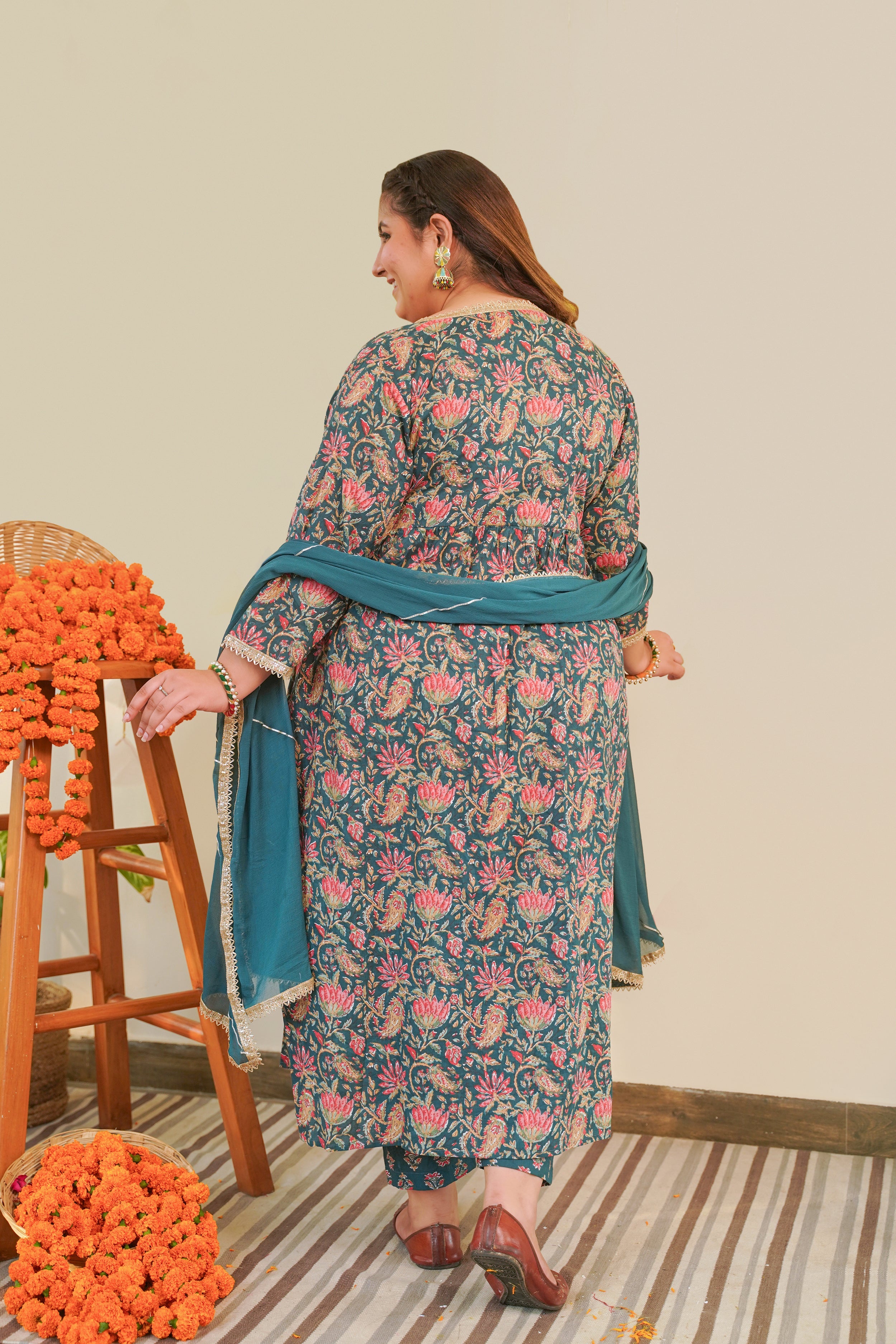Women's Bottle Green Cotton Printed Angrakha Set (Set Of 3) - Nangalia Ruchira