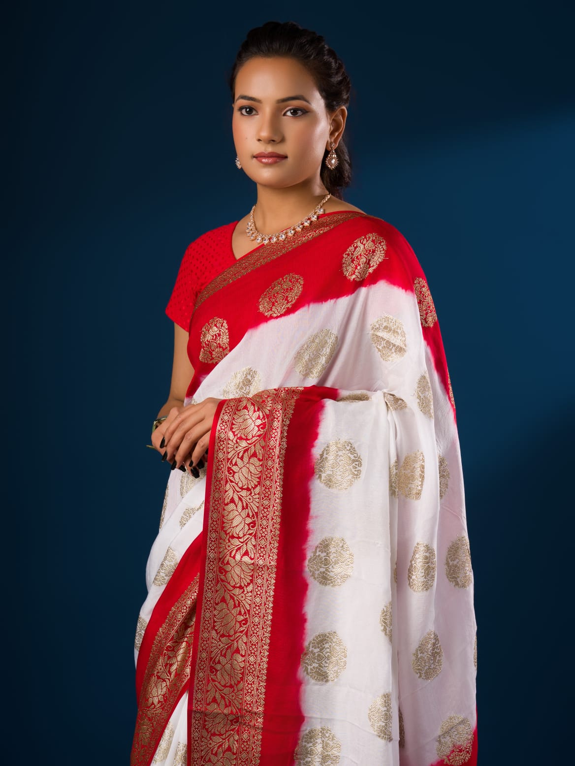 Women's Pure Georgette Zari Faag Shadded Saree  PF - KcPc Bandhani