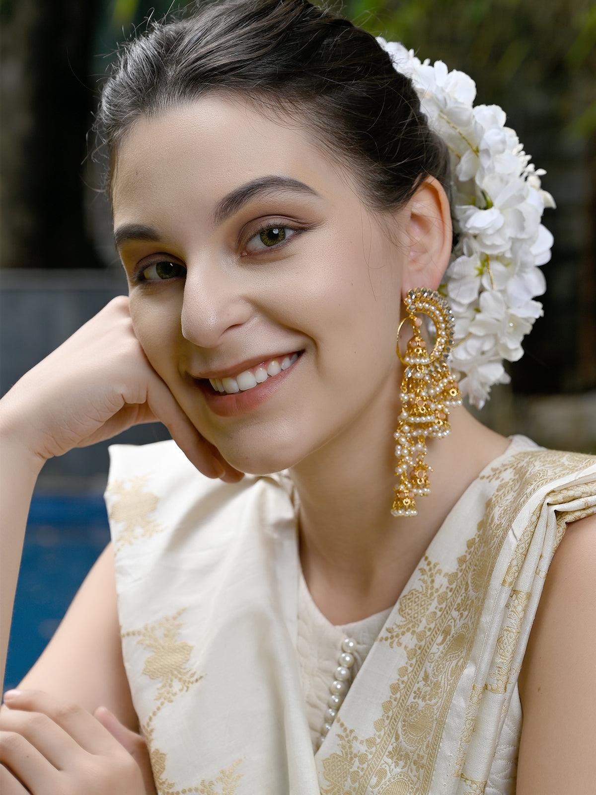 Women's Round And Half- Moon Ornate Kundan-Pearl Peach Earrings With Jhumka