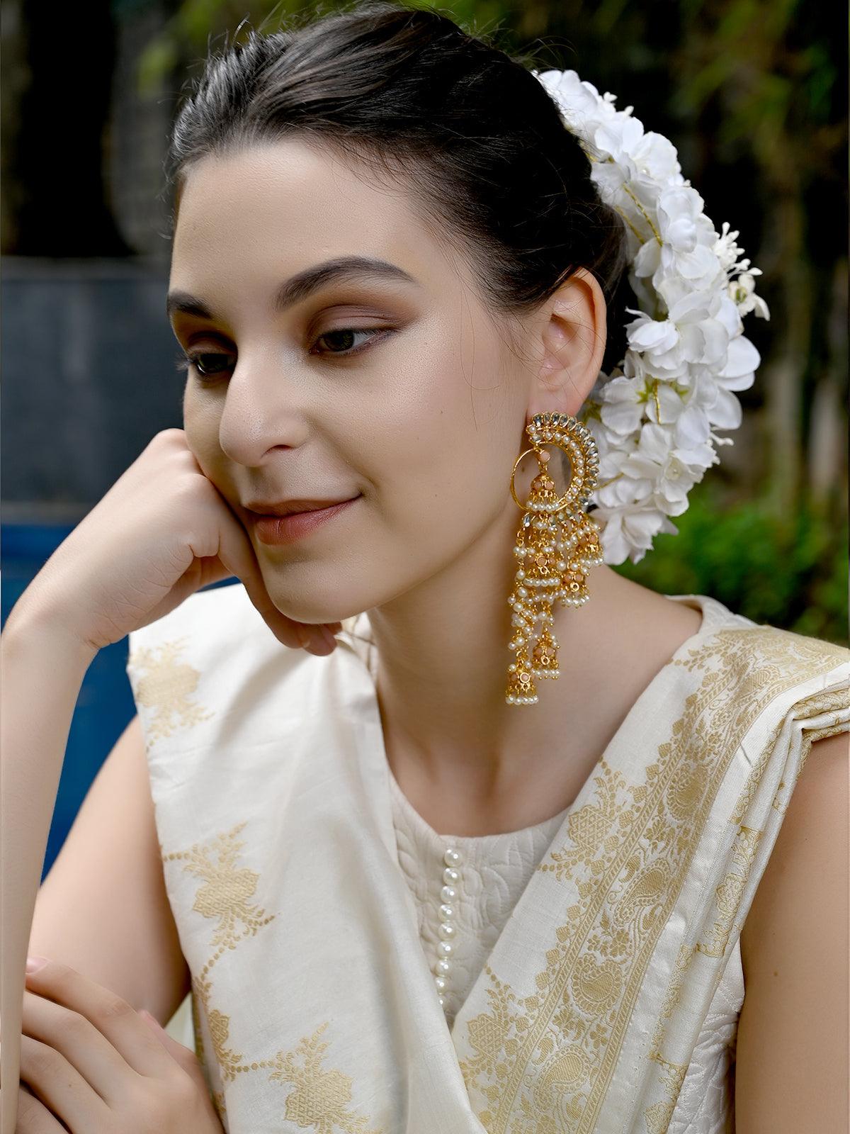 Women's Round And Half- Moon Ornate Kundan-Pearl Peach Earrings With Jhumka