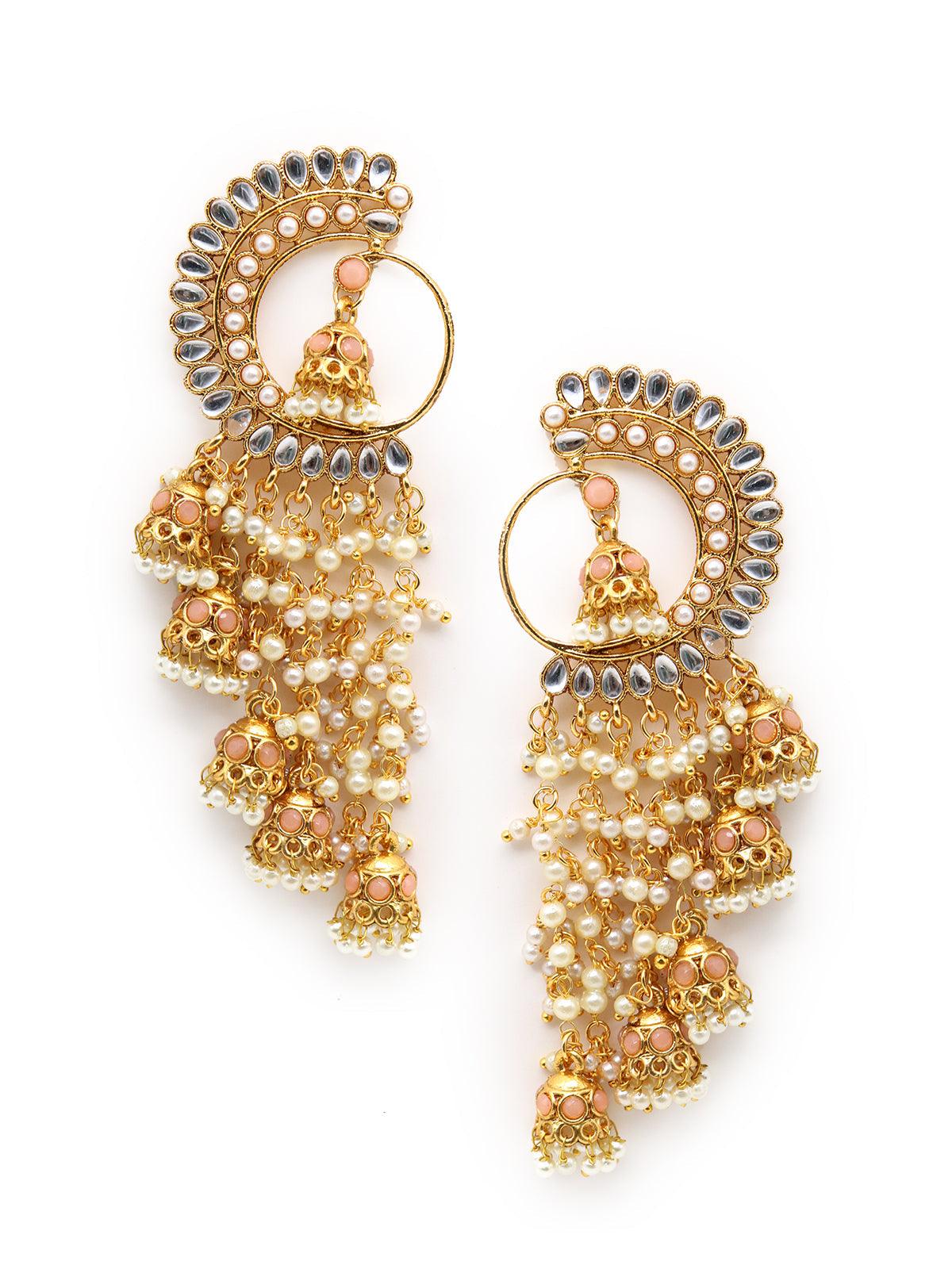 Women's Round And Half- Moon Ornate Kundan-Pearl Peach Earrings With Jhumka