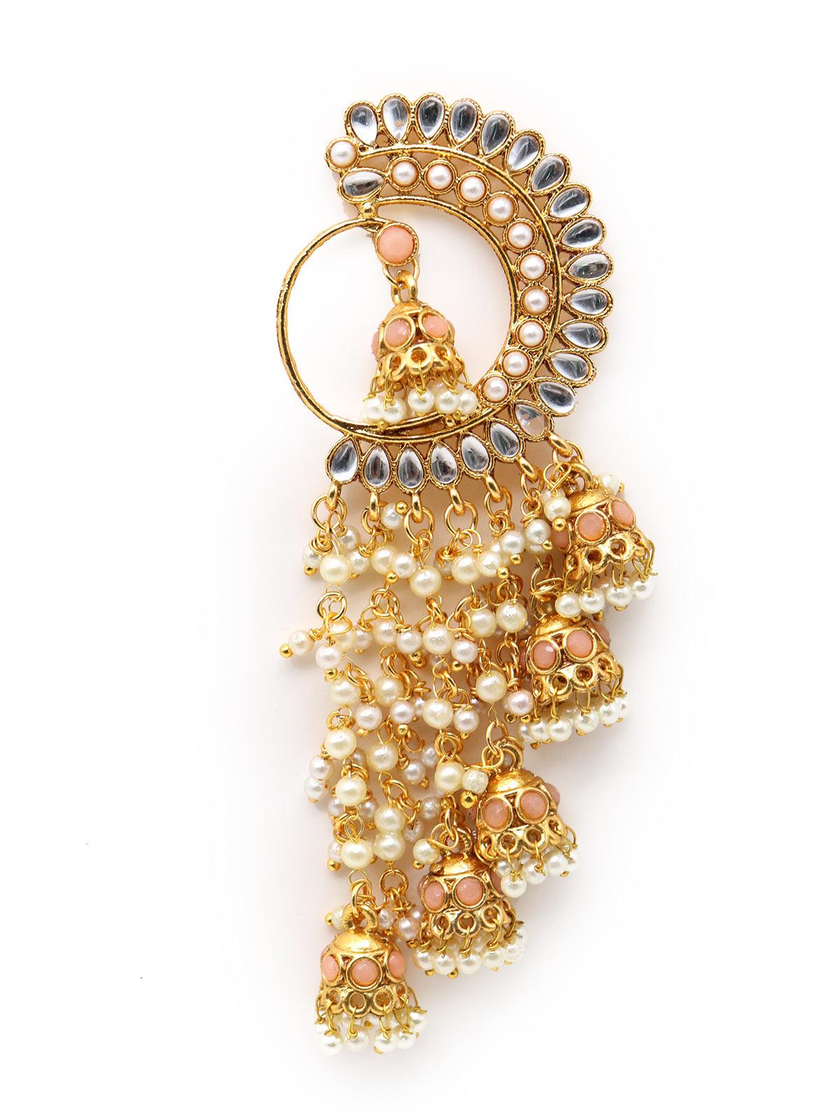 Women's Round And Half- Moon Ornate Kundan-Pearl Peach Earrings With Jhumka