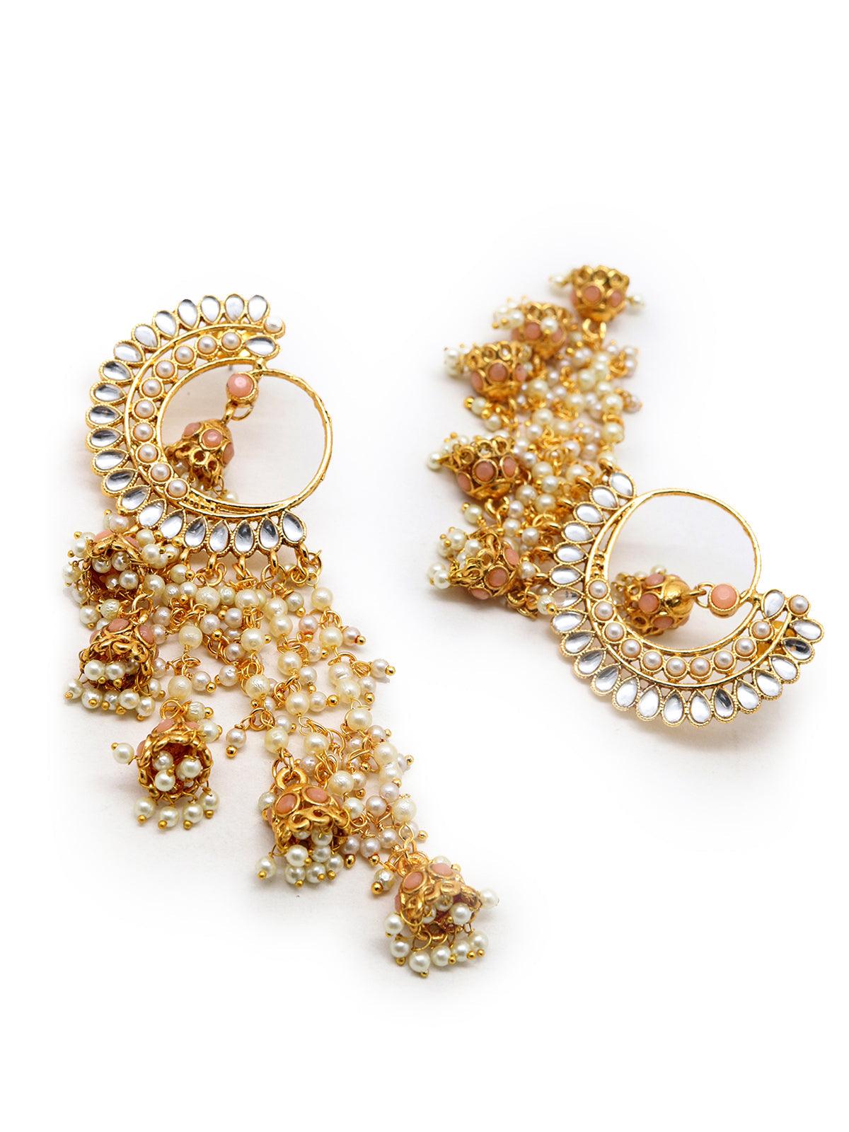 Women's Round And Half- Moon Ornate Kundan-Pearl Peach Earrings With Jhumka
