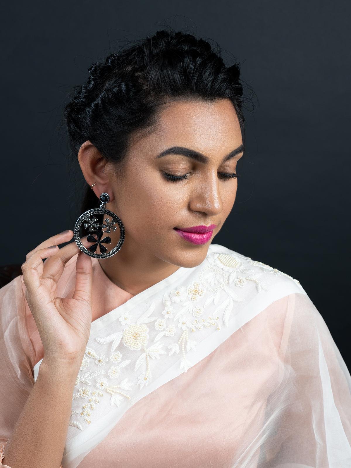 Women's Round Black Metal Black-Clear Stone-Studded Dangle Earring