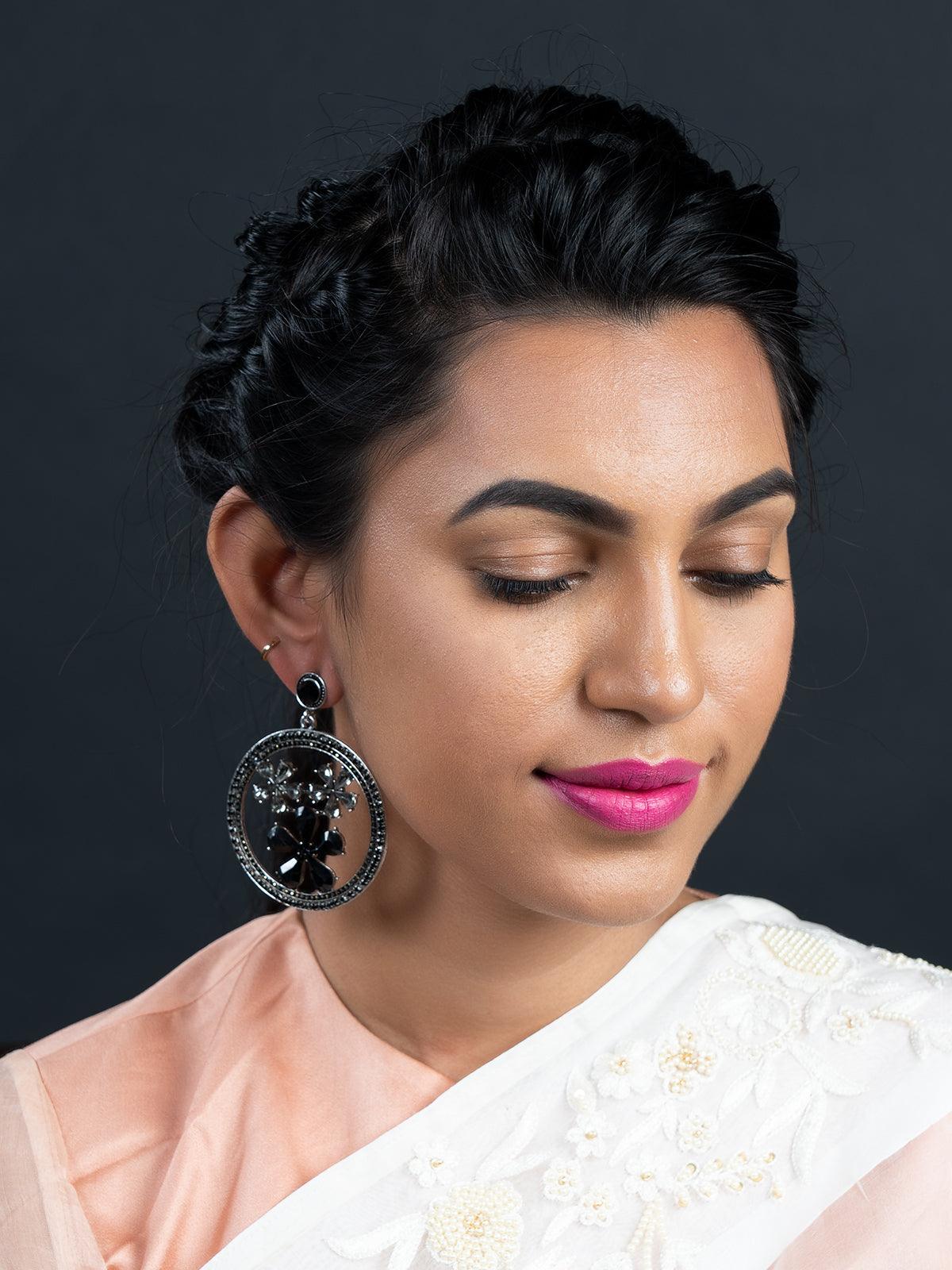 Women's Round Black Metal Black-Clear Stone-Studded Dangle Earring