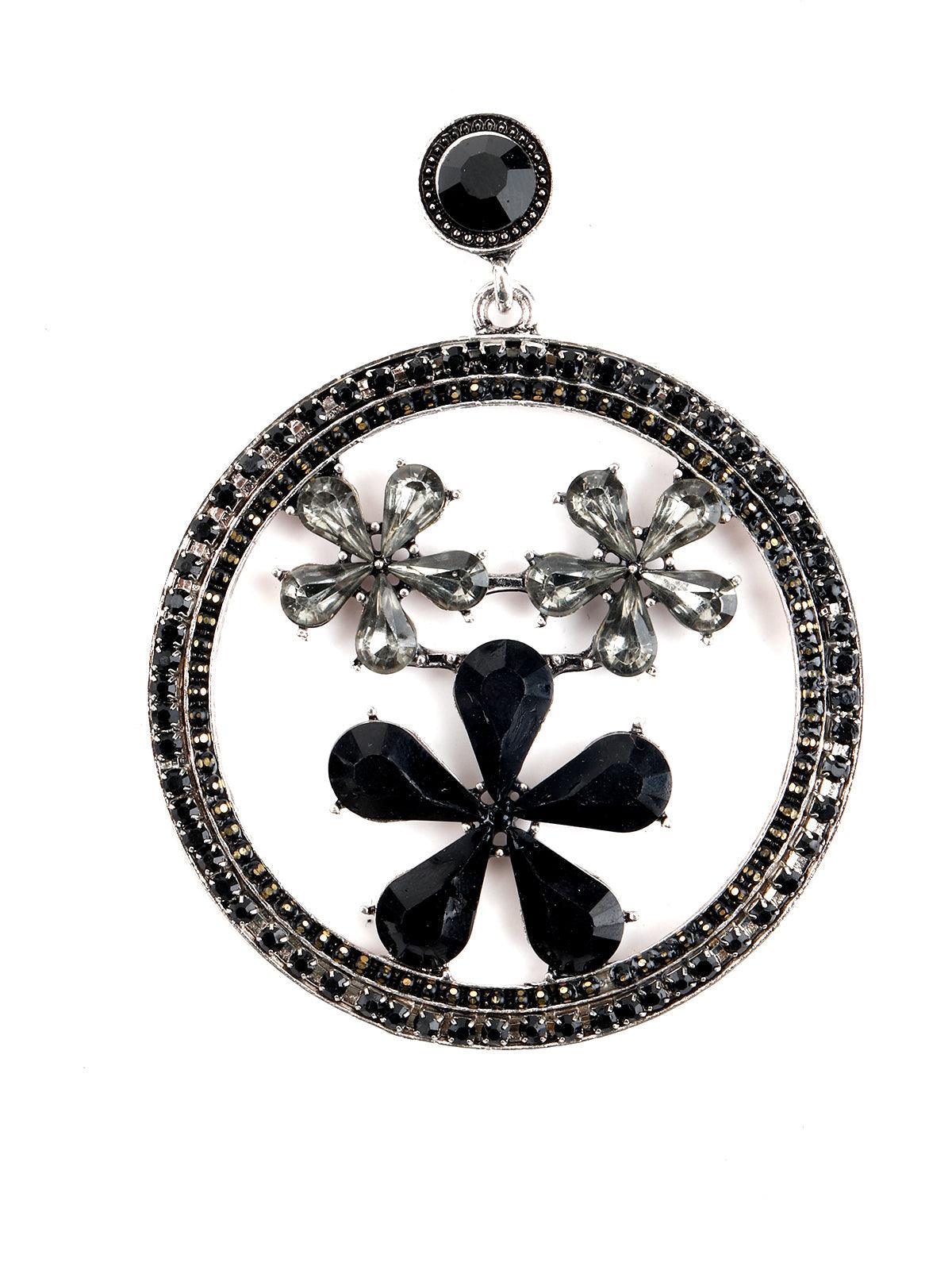 Women's Round Black Metal Black-Clear Stone-Studded Dangle Earring