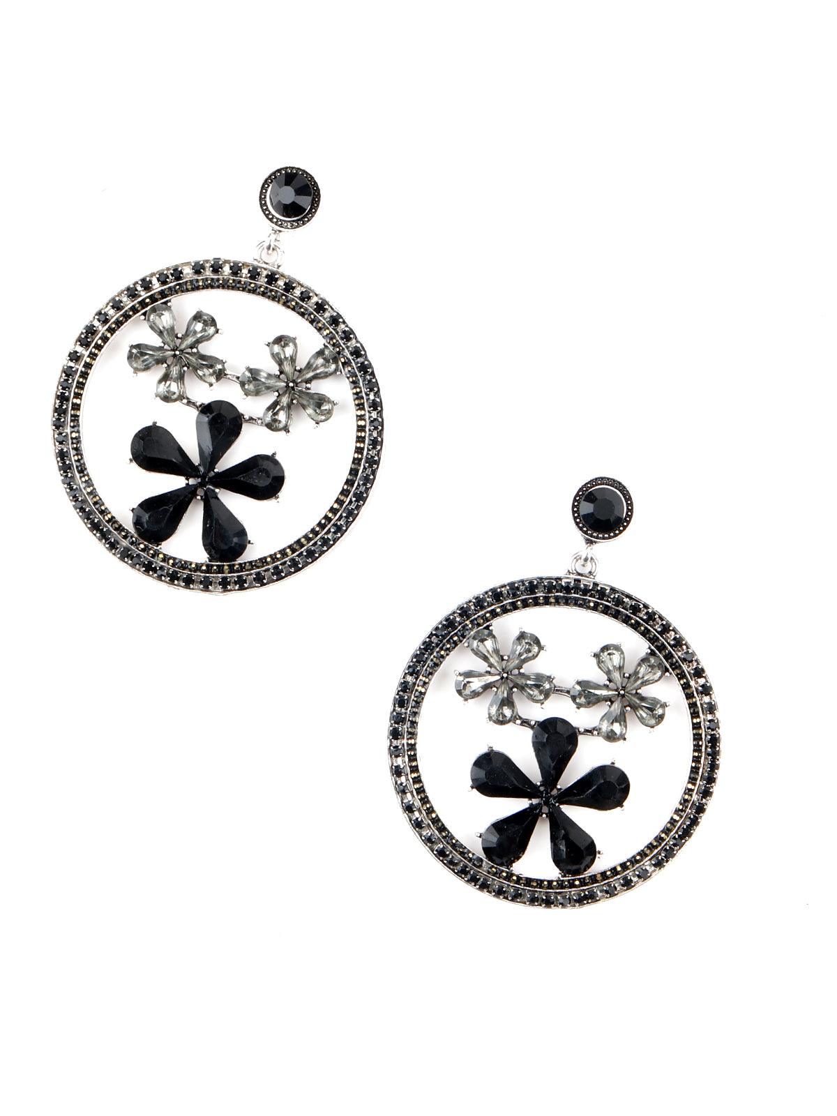 Women's Round Black Metal Black-Clear Stone-Studded Dangle Earring