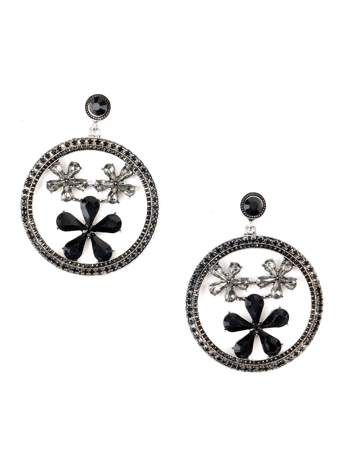 Women's Round Black Metal Black-Clear Stone-Studded Dangle Earring