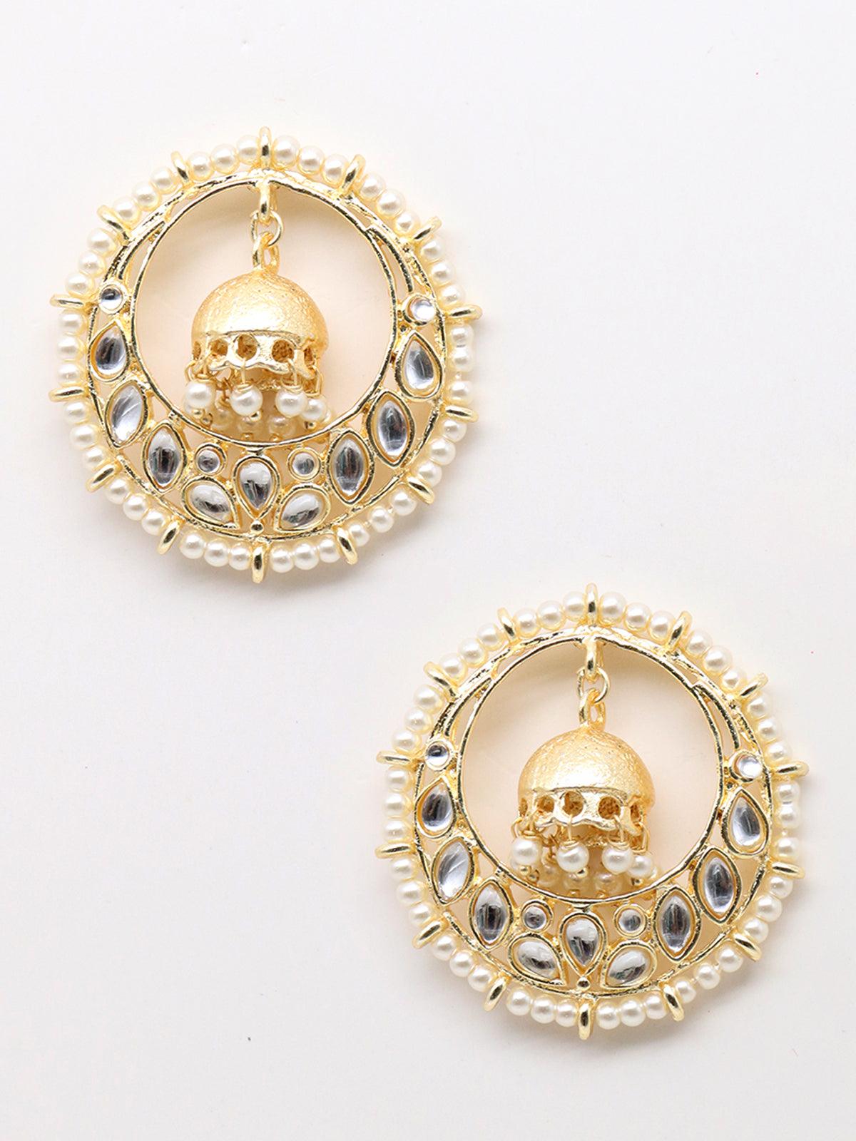 Women's Round Gold Tone Kundan And Pearl Earring