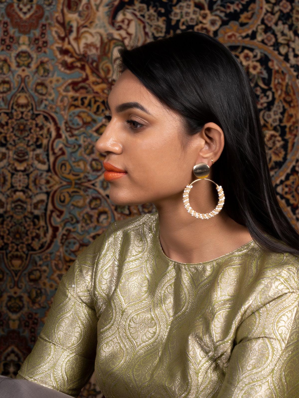 Women's Round White Beaded Dangle Earring