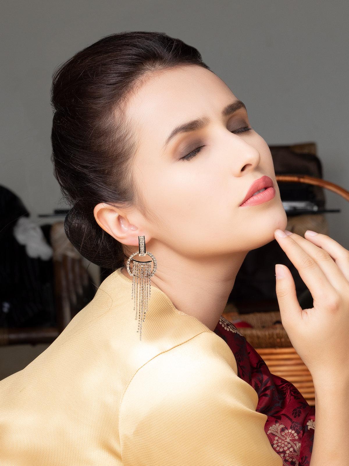 Women's Rounded Crystal Gold Drop Tassel Earring