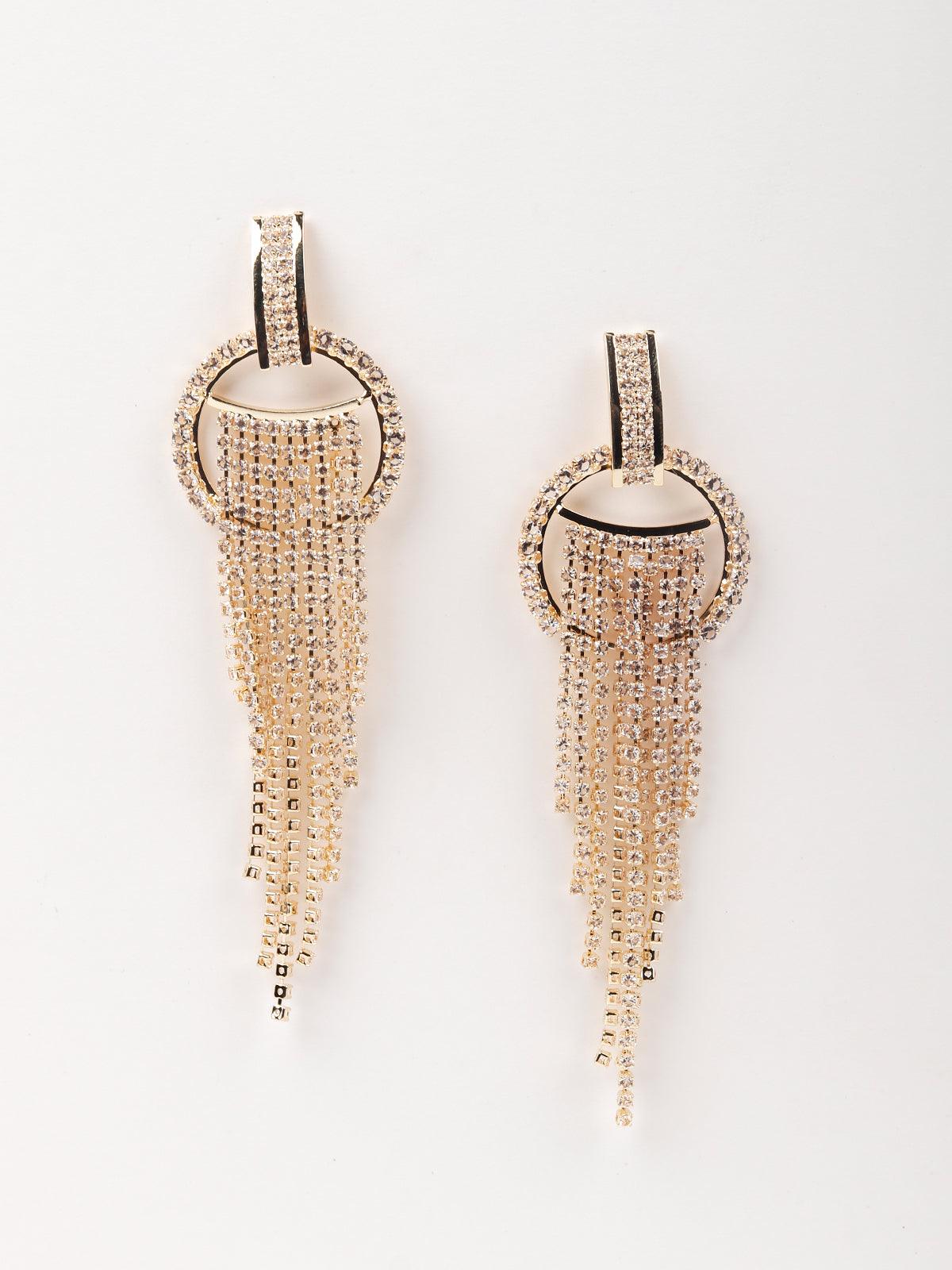 Women's Rounded Crystal Gold Drop Tassel Earring