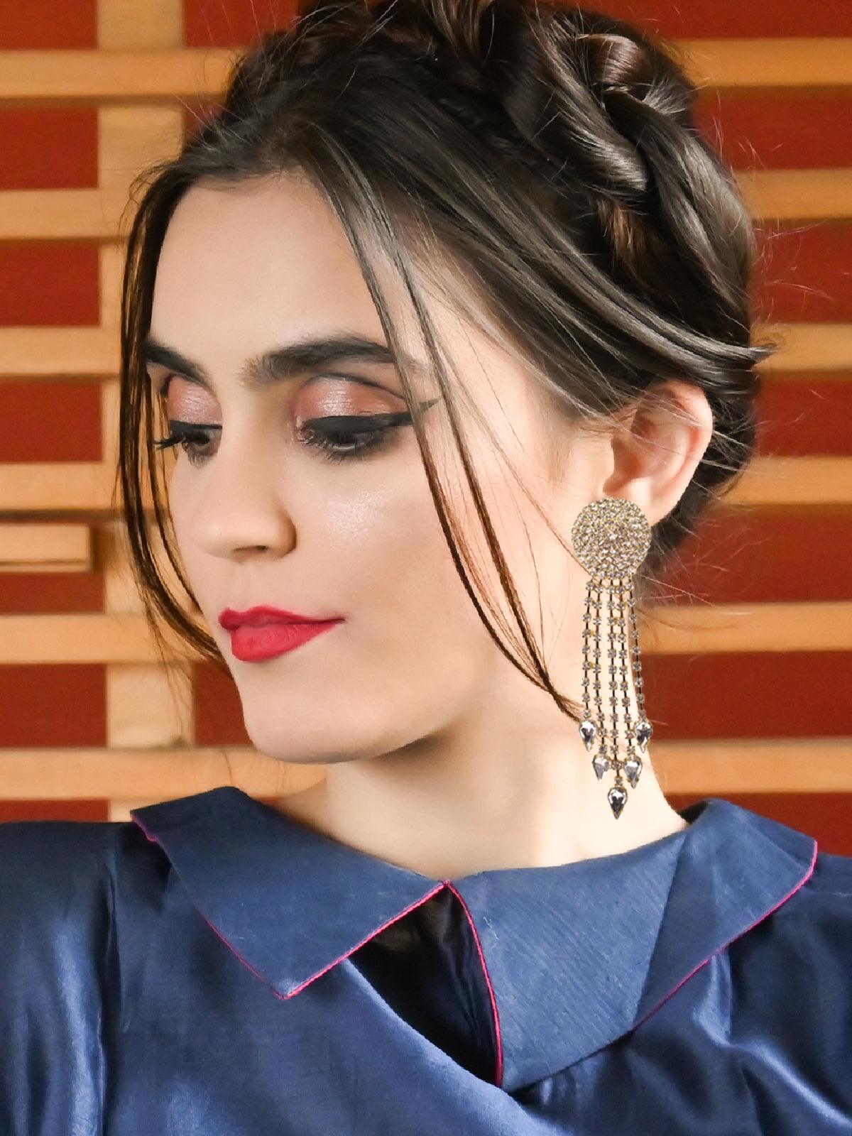 Women's Rounded Crystal-Studded Tassel Earrings -Gol