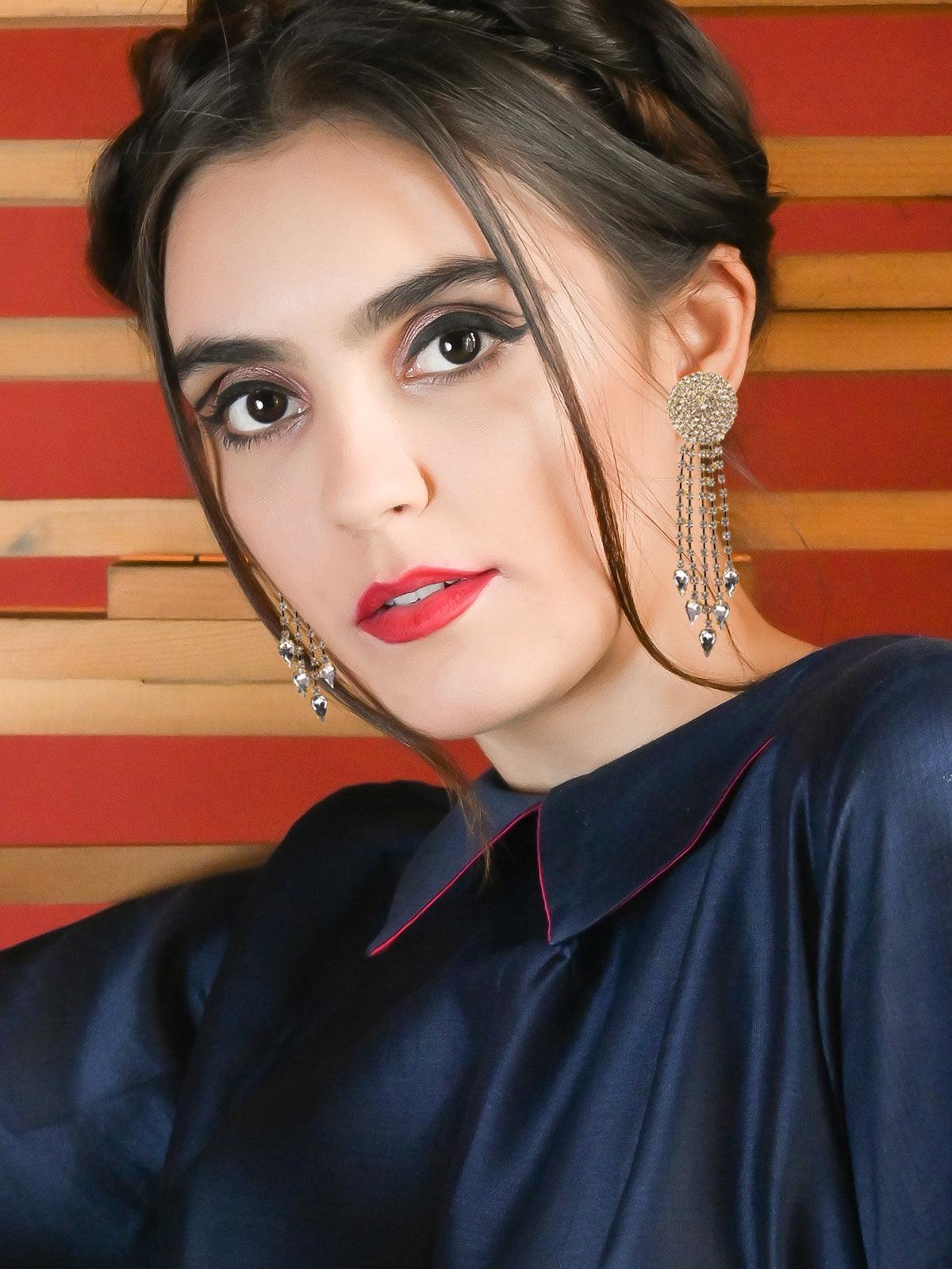 Women's Rounded Crystal-Studded Tassel Earrings -Gol
