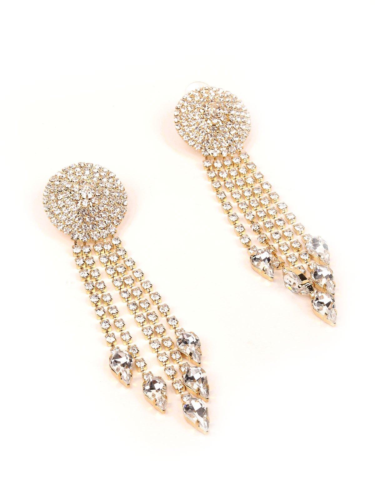 Women's Rounded Crystal-Studded Tassel Earrings -Gol