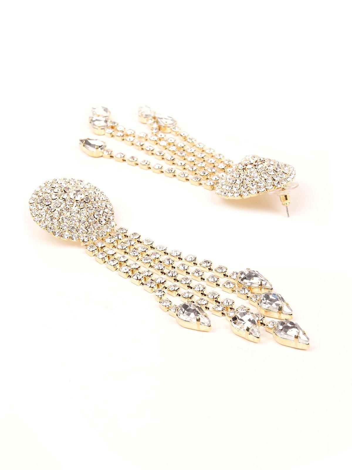 Women's Rounded Crystal-Studded Tassel Earrings -Gol