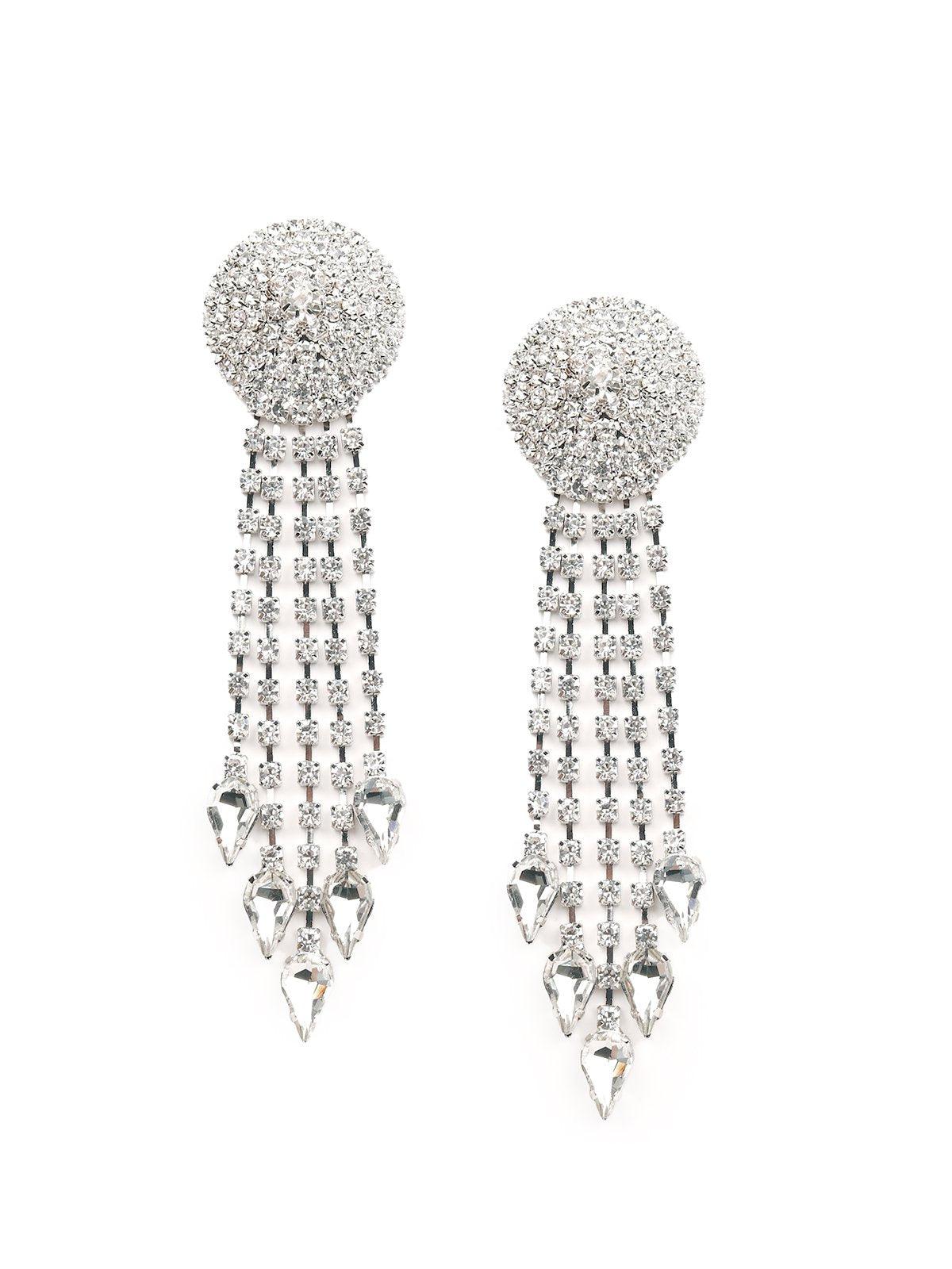 Women's Rounded Crystal-Studded Tassel Earrings - Silve