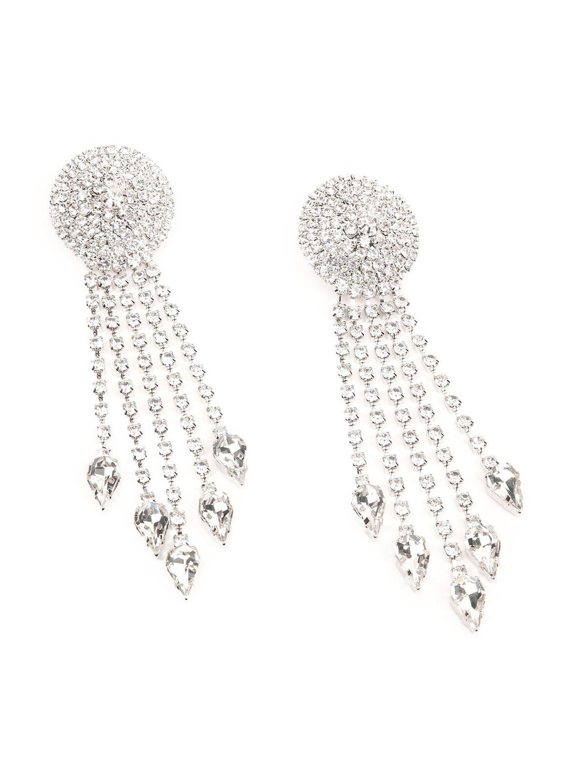 Women's Rounded Crystal-Studded Tassel Earrings - Silve