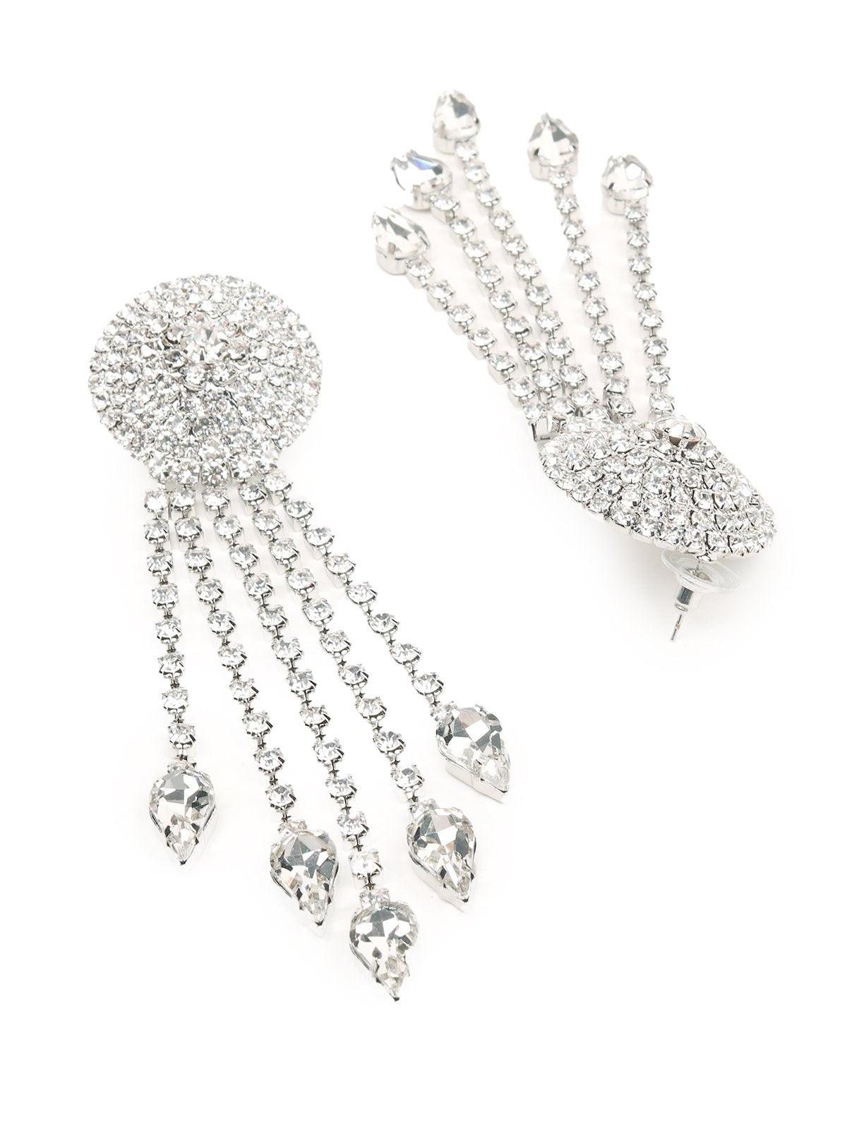 Women's Rounded Crystal-Studded Tassel Earrings - Silve