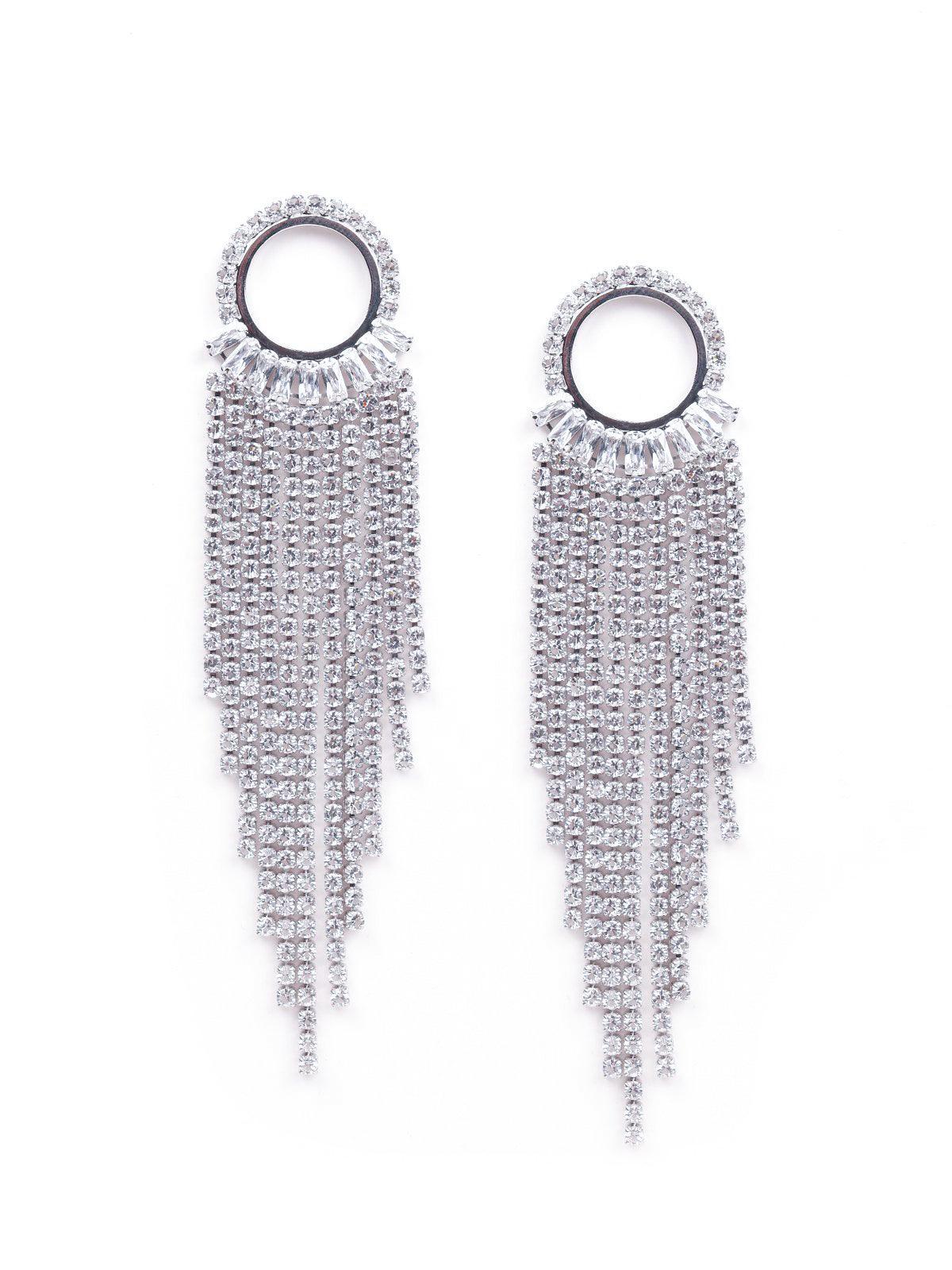 Women's Rounded Silver Crystal Tassel Drop Earring