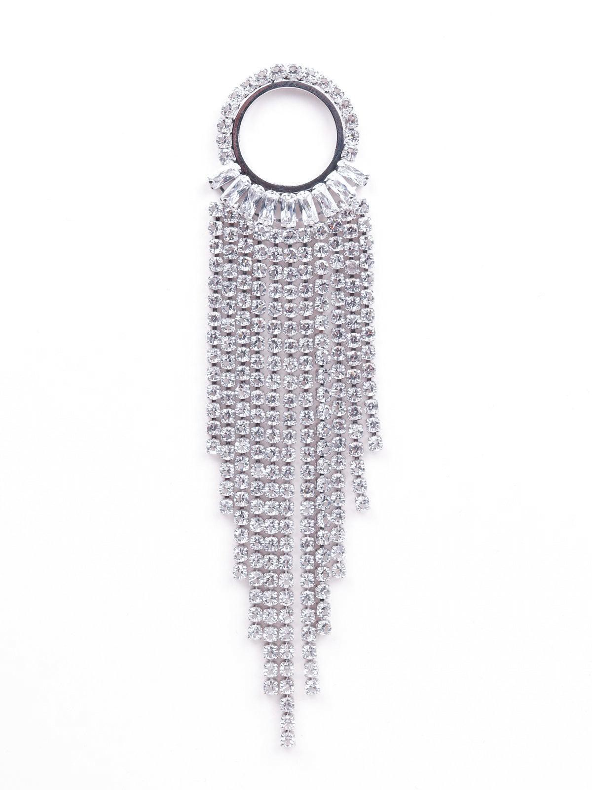 Women's Rounded Silver Crystal Tassel Drop Earring