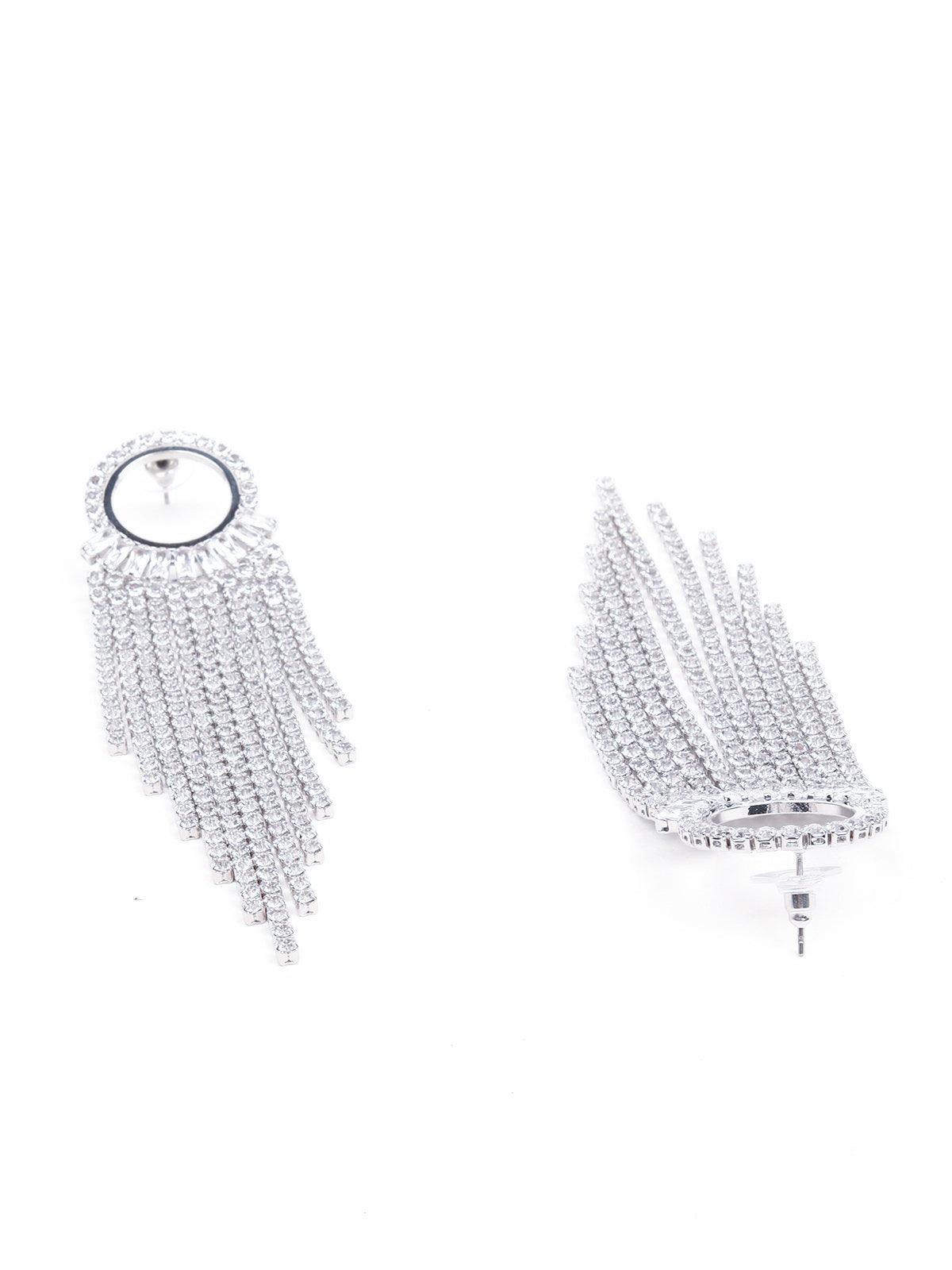 Women's Rounded Silver Crystal Tassel Drop Earring
