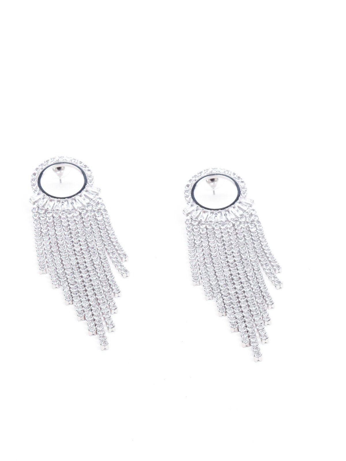 Women's Rounded Silver Crystal Tassel Drop Earring