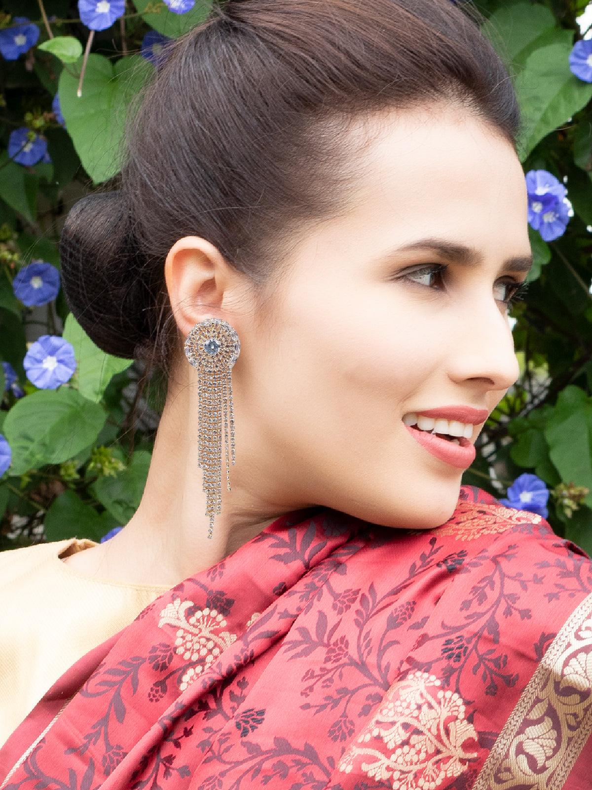 Women's Rounded Tassel Crystal Drop Earrings In Gold-Ton